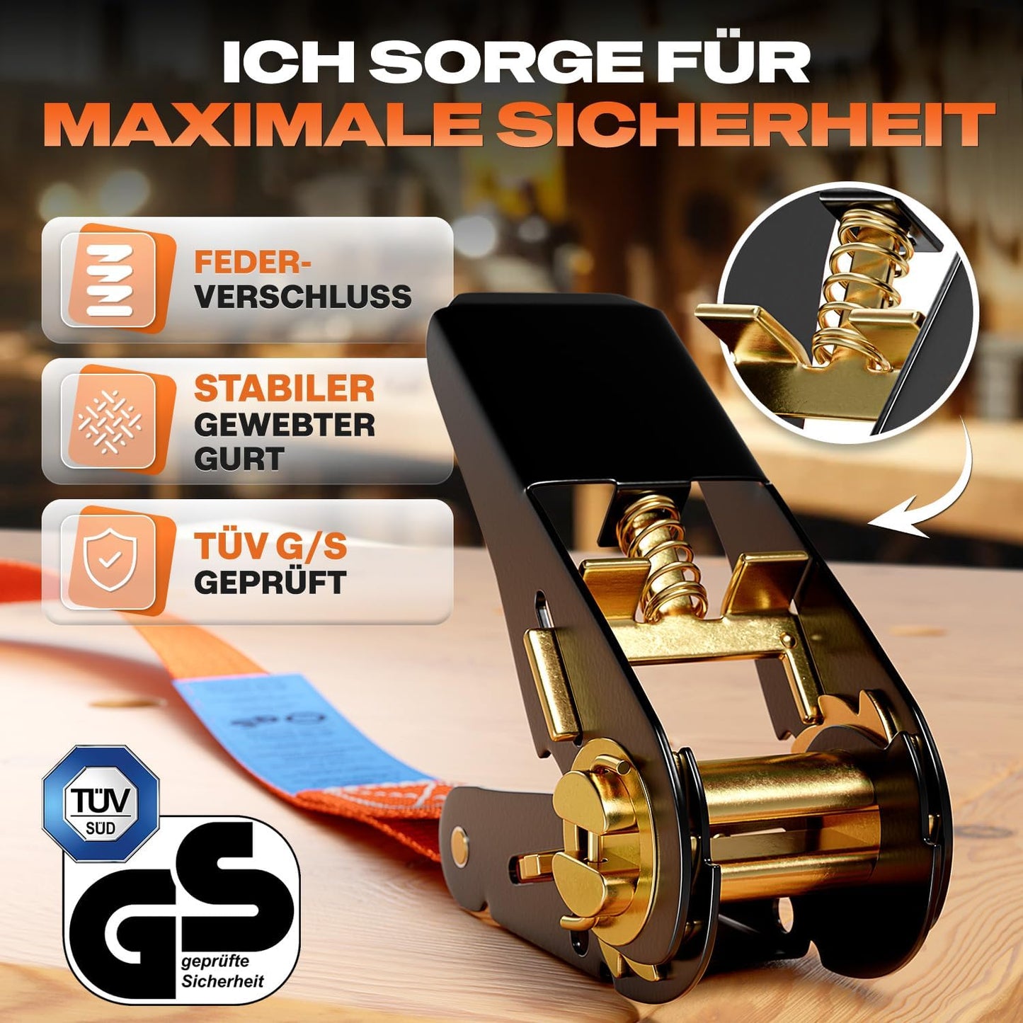 Spanngurte mit Ratsche 4er-Set 6m, Orange 6m