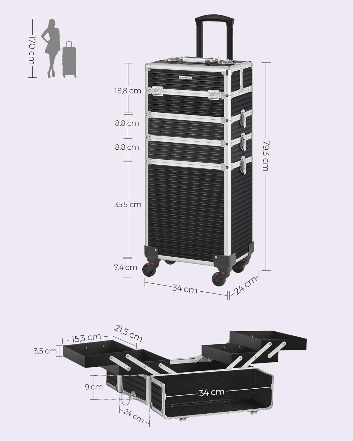 4-in-1 Kosmetikkoffer mit Rollen, Schwarz 4 in 1 (34 x 24 x 79,3 cm)