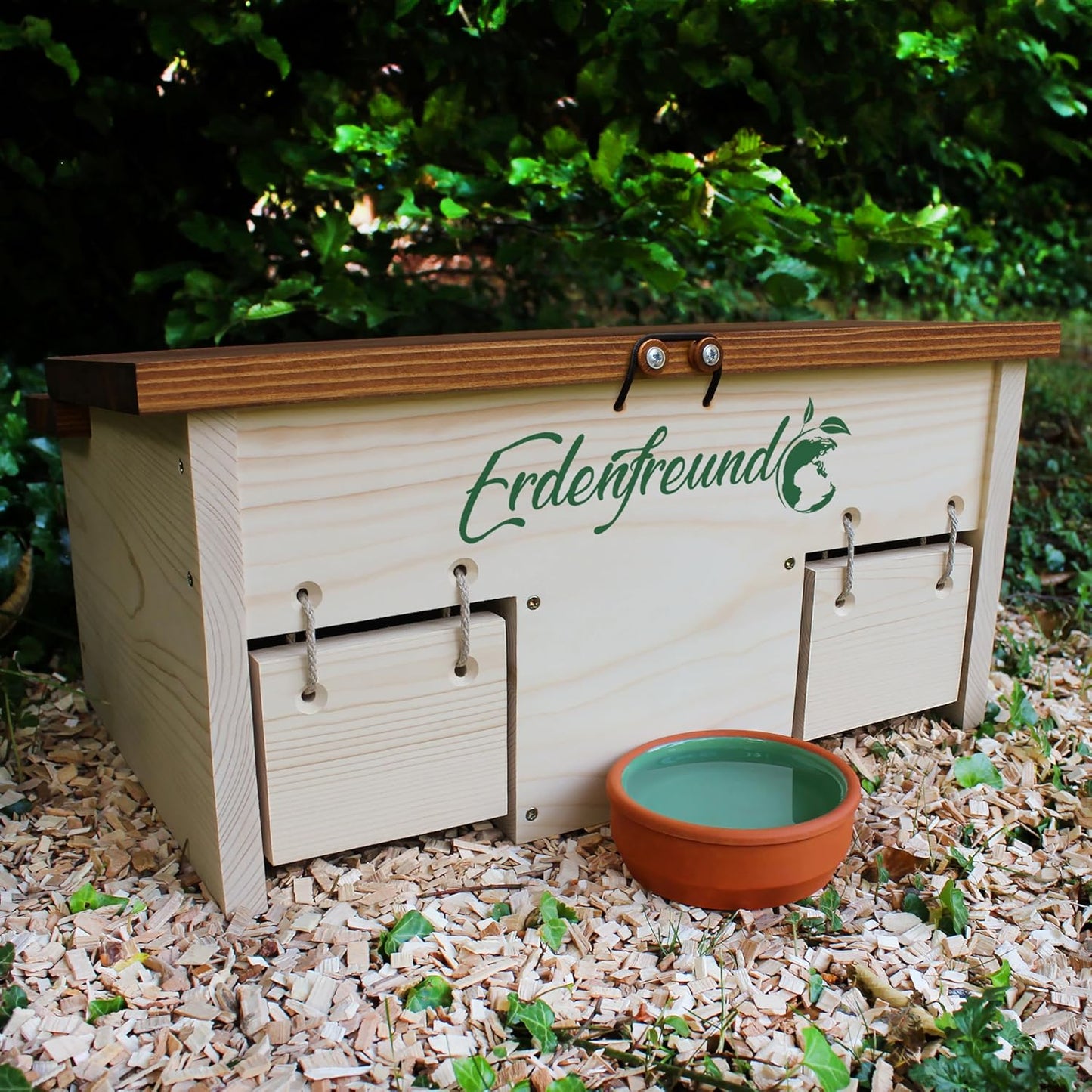 Igelfutterhaus mit Rattenklappe & Napf-Set, Igelfutterhaus inkl. 2er Set Wasser-& Futternapf
