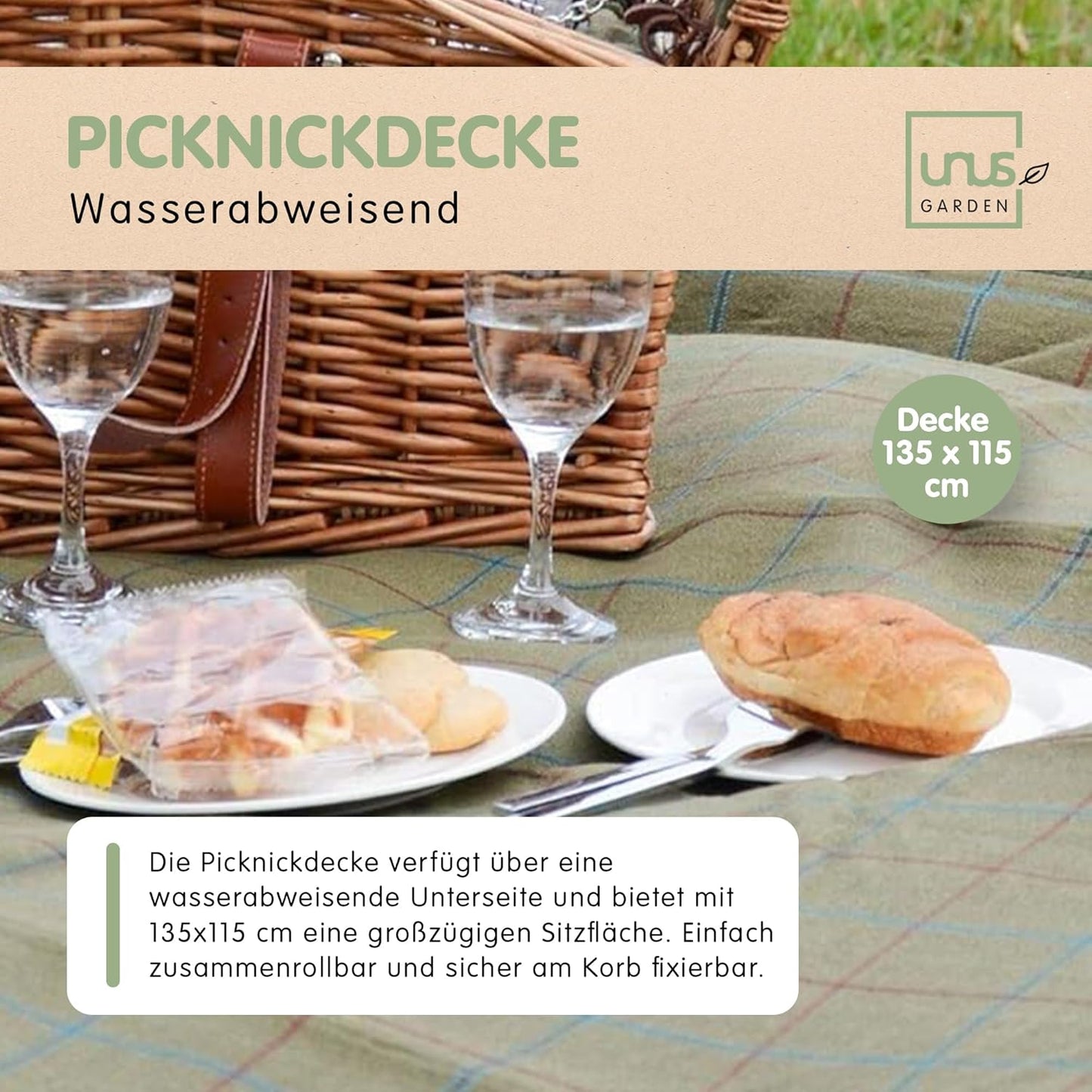 Picknick-Set für 2 Personen mit Kühltasche, Natur/Dunkelgrün