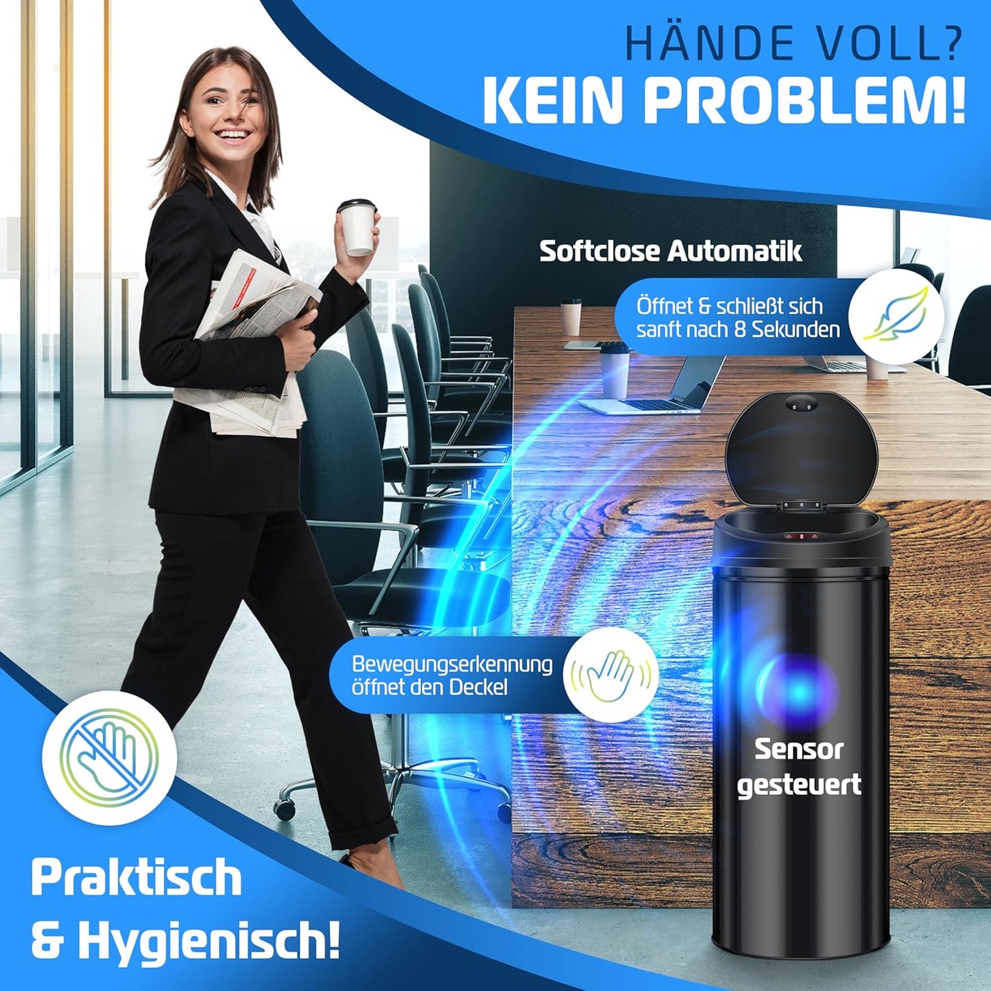 Sensor-Abfalleimer, 40 L, 40 Liter Schwarz