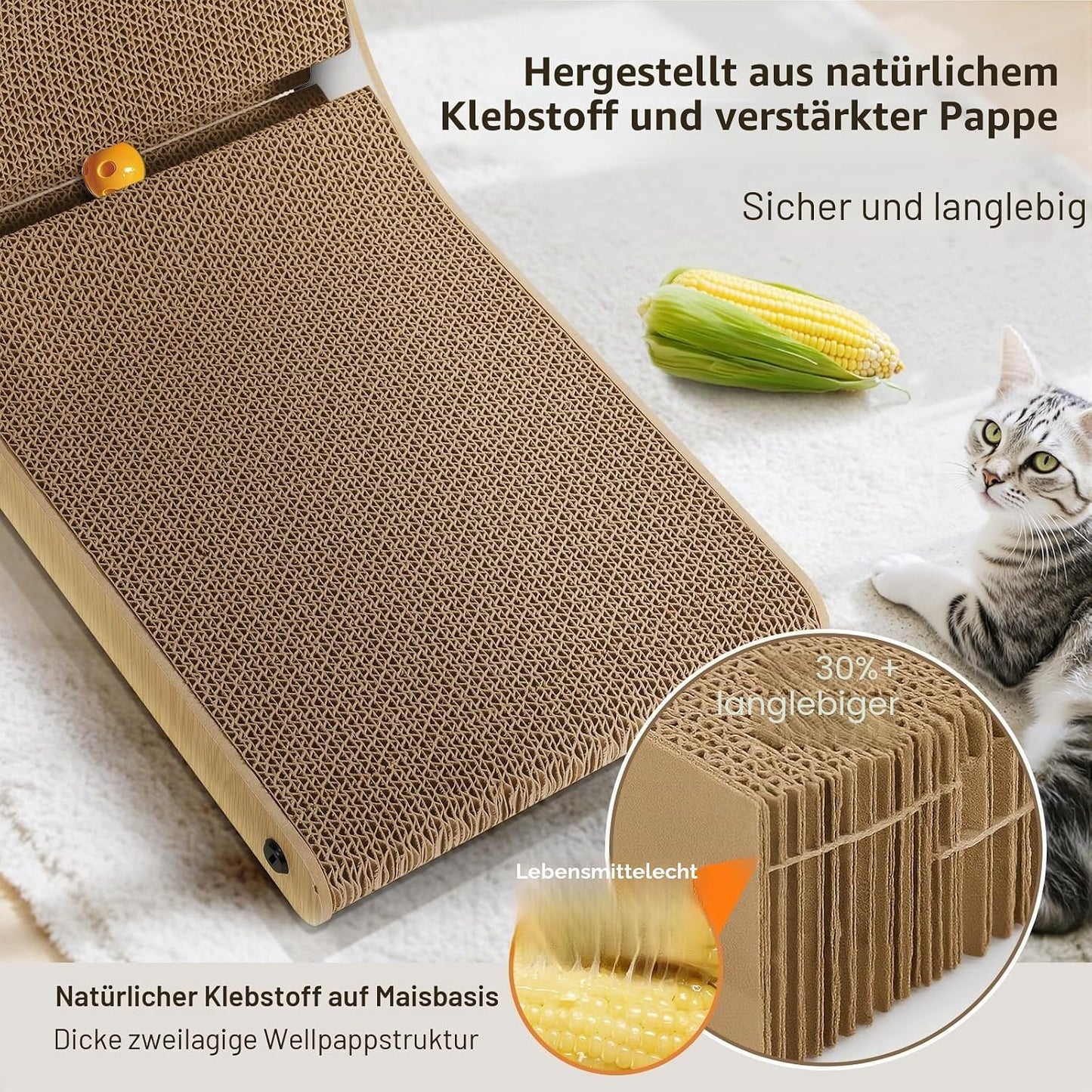 L-förmiges Katzenkratzbrett mit Ball und Glocke, Holz + Glocke 68cm