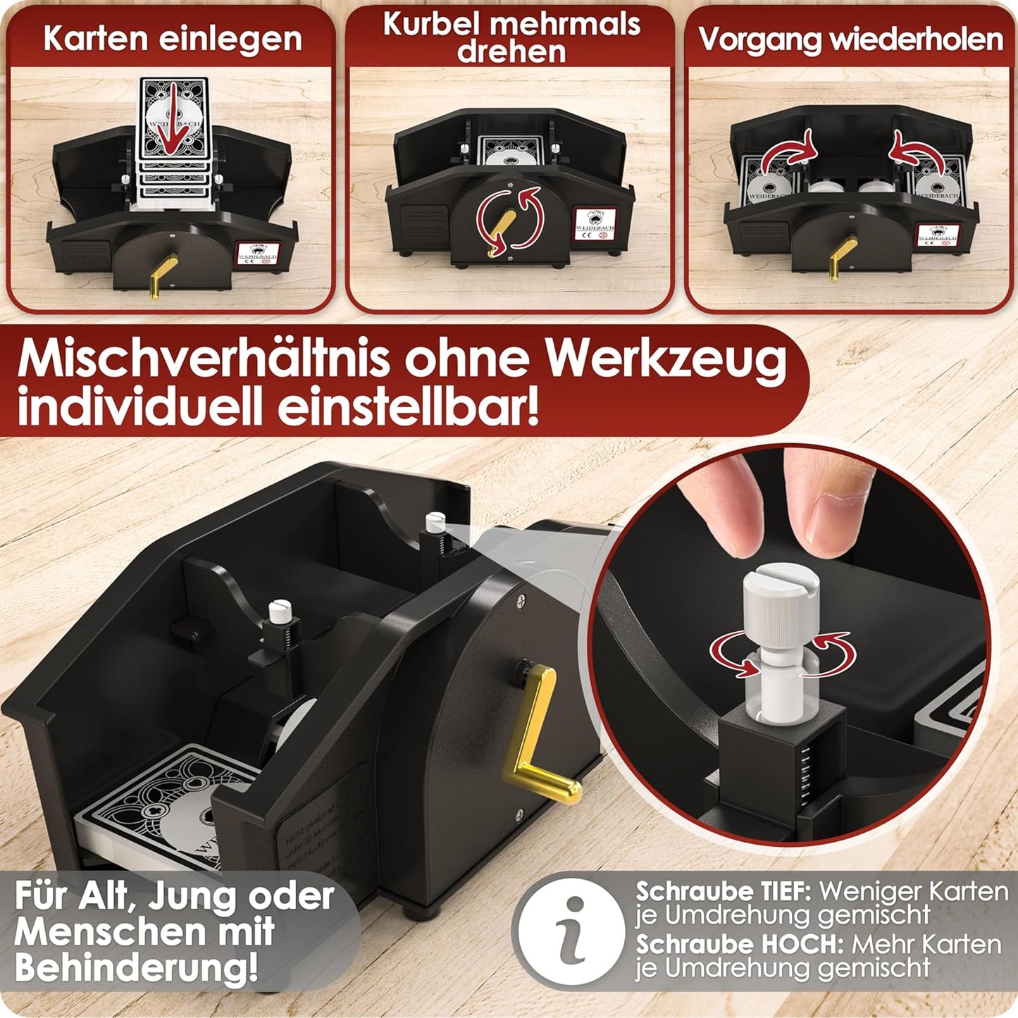 Kartenmischmaschine mit Kurbel, Schwarz