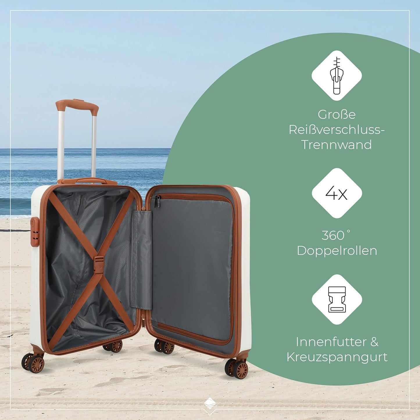Bali 4 Rollen Kabinentrolley S 55 cm, Weiss/Cognac Trolley Handgepäck (55 cm)