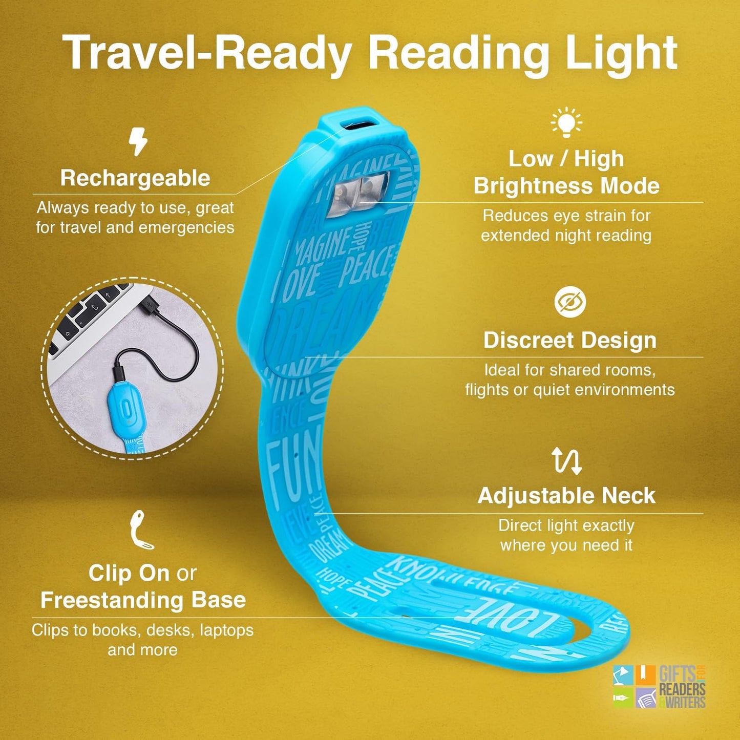 Flexilight 2-in-1 Clip On Leselampe & Lesezeichen, wiederaufladbar, Blaue Wörter