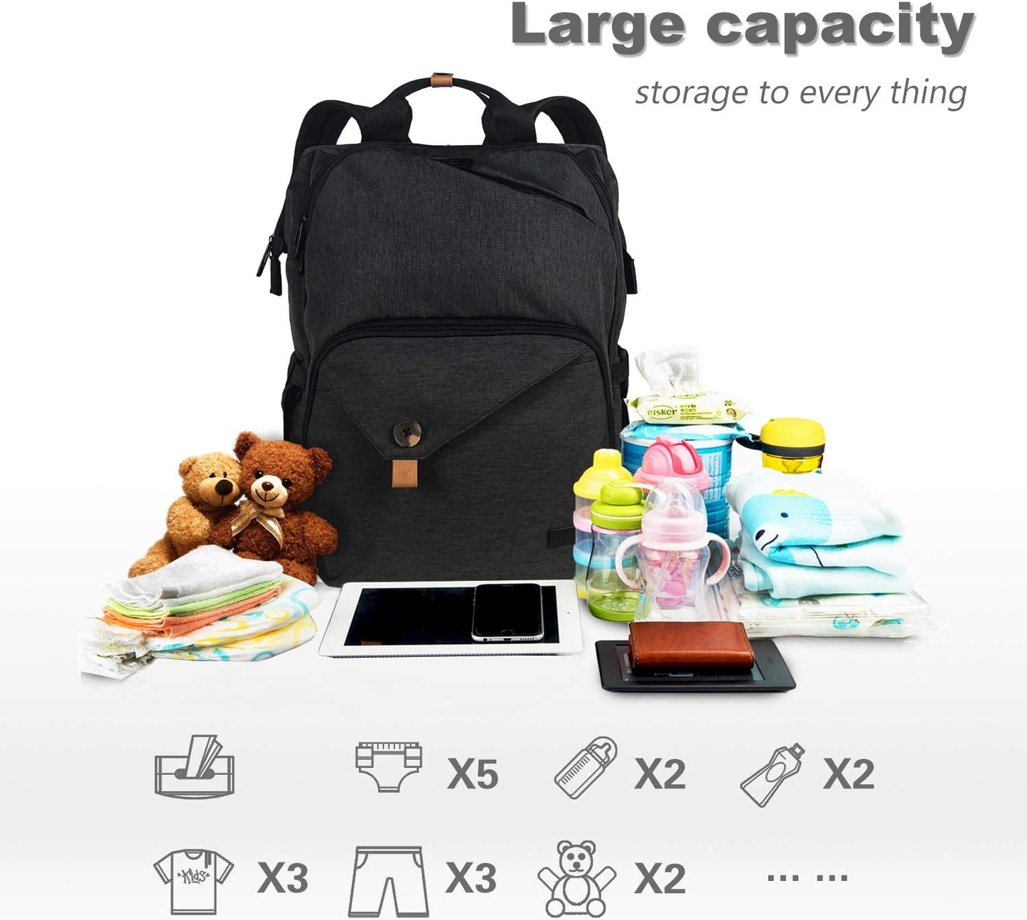 Baby Wickelrucksack mit grosser Kapazität, L Schwarz