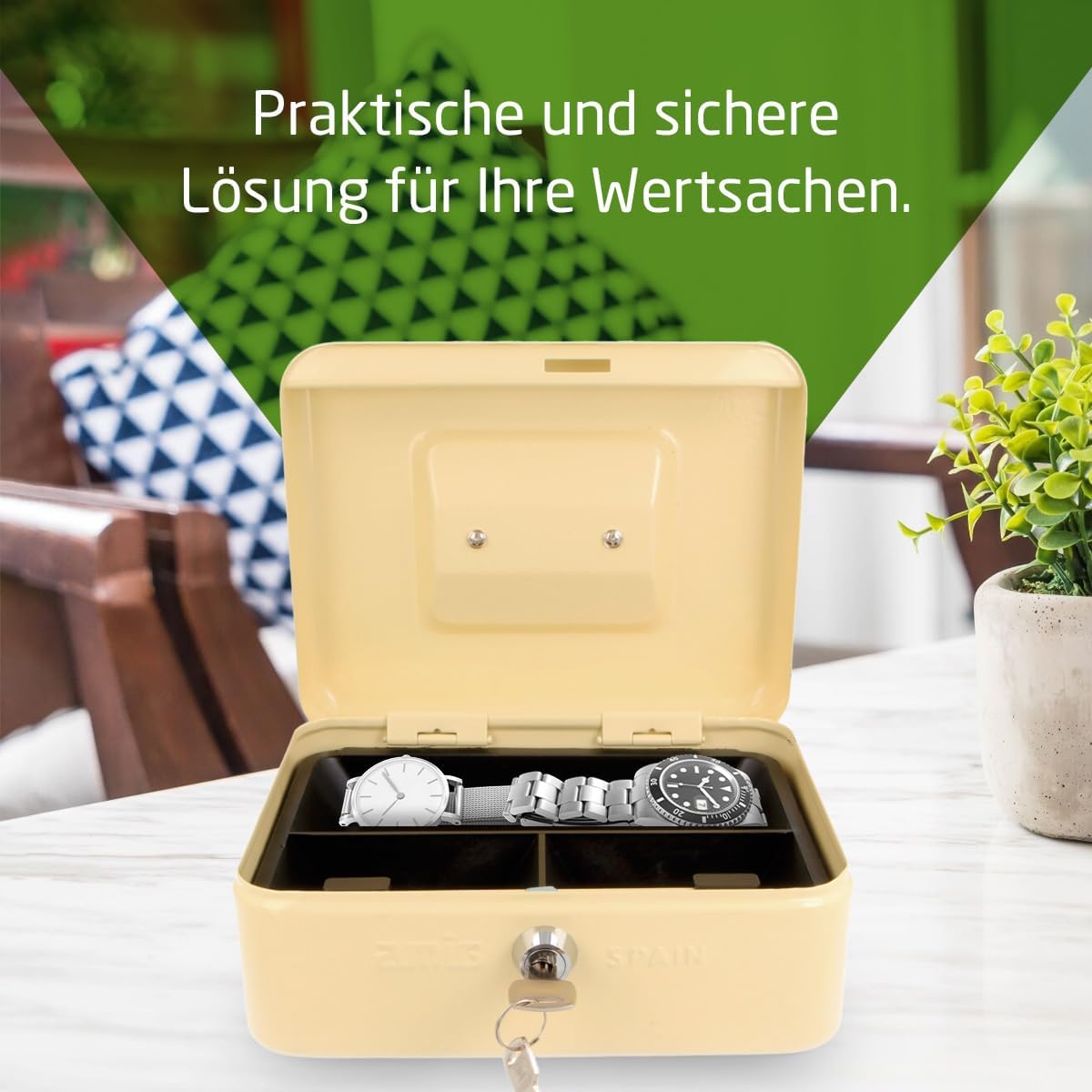 Geldkassette mit Münzfach und 2 Schlüsseln, Weiss 200 x 160 x 70 mm