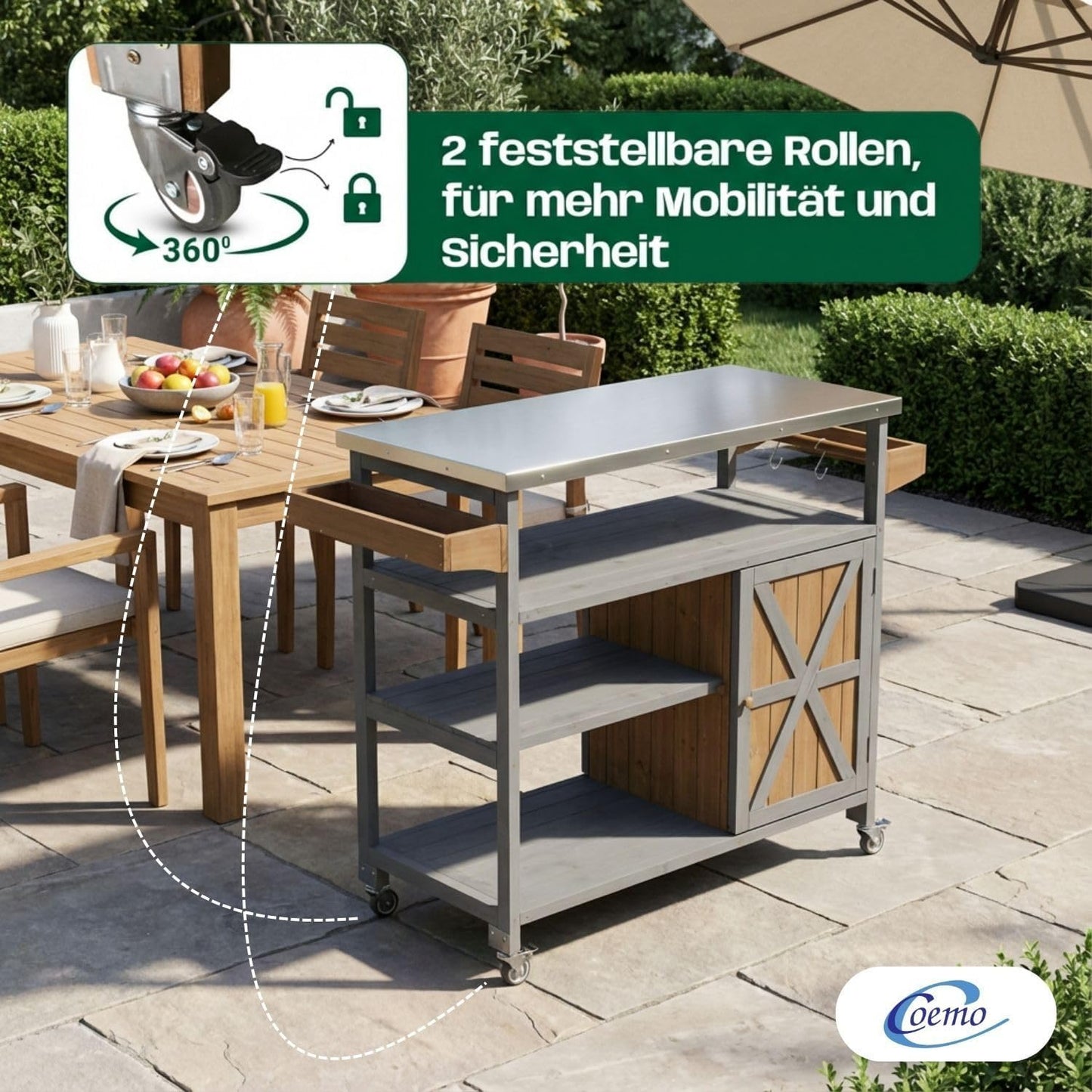 Servierwagen mit Rollen und Edelstahltop, 118 x 47 cm Grau