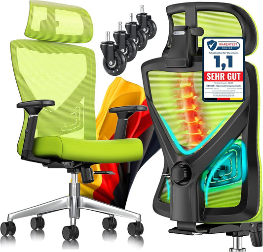 Ergonomischer Bürostuhl mit Wippfunktion und Lendenstütze, Grün / Silber