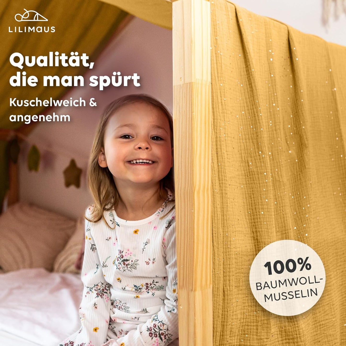 Betthimmel, Senfgelb mit Gold 135 x 320cm
