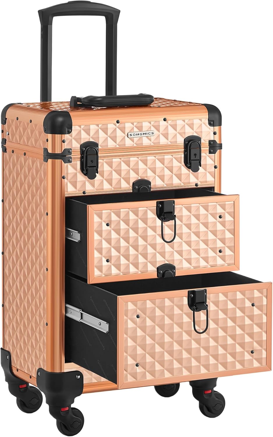 Kosmetikkoffer JHZ008A01 mit 2 Schubladen, 360° Rollen, Champagnergold
