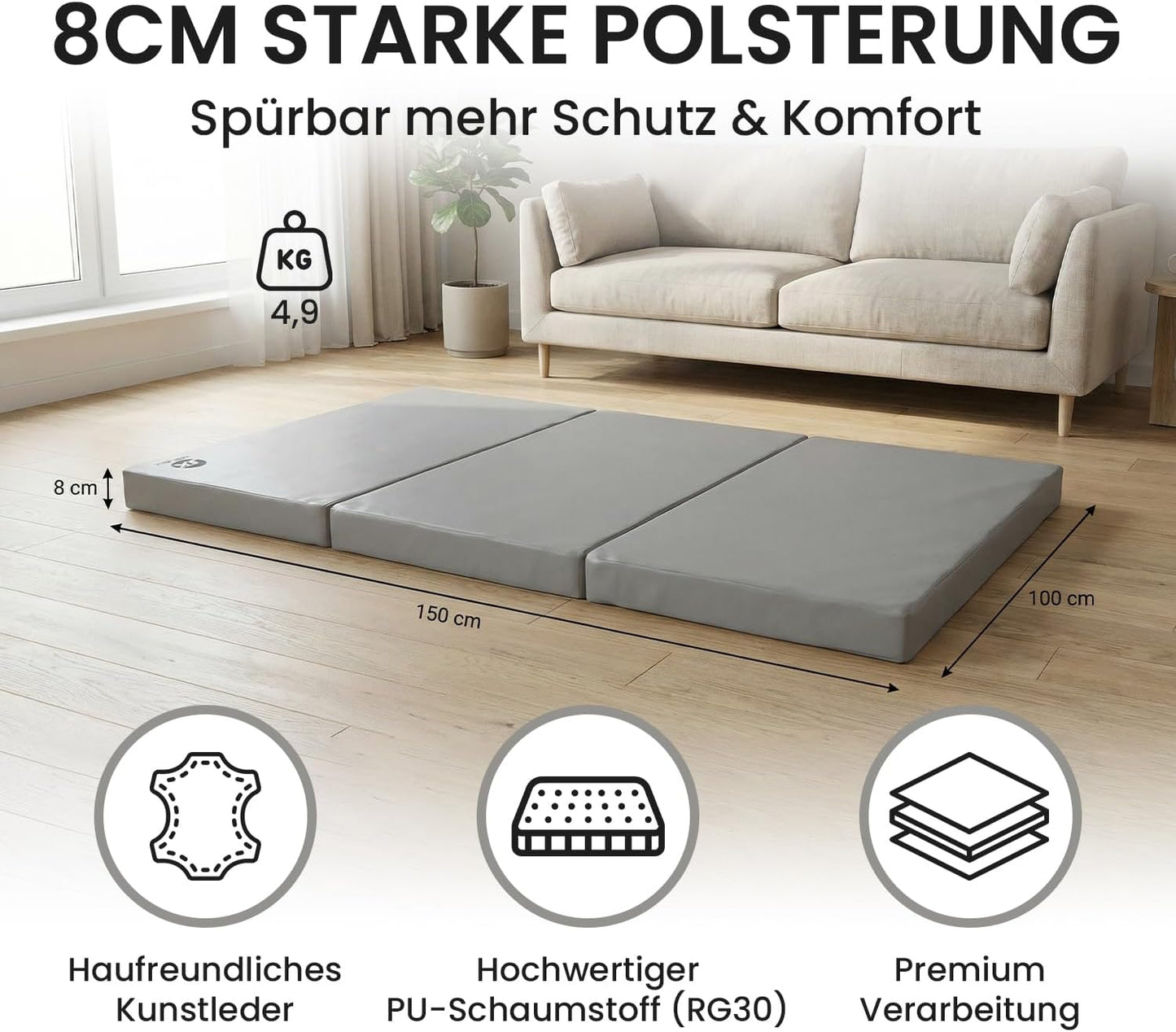 Klappbare Weichboden- und Turnmatte, Grau / Schwarz