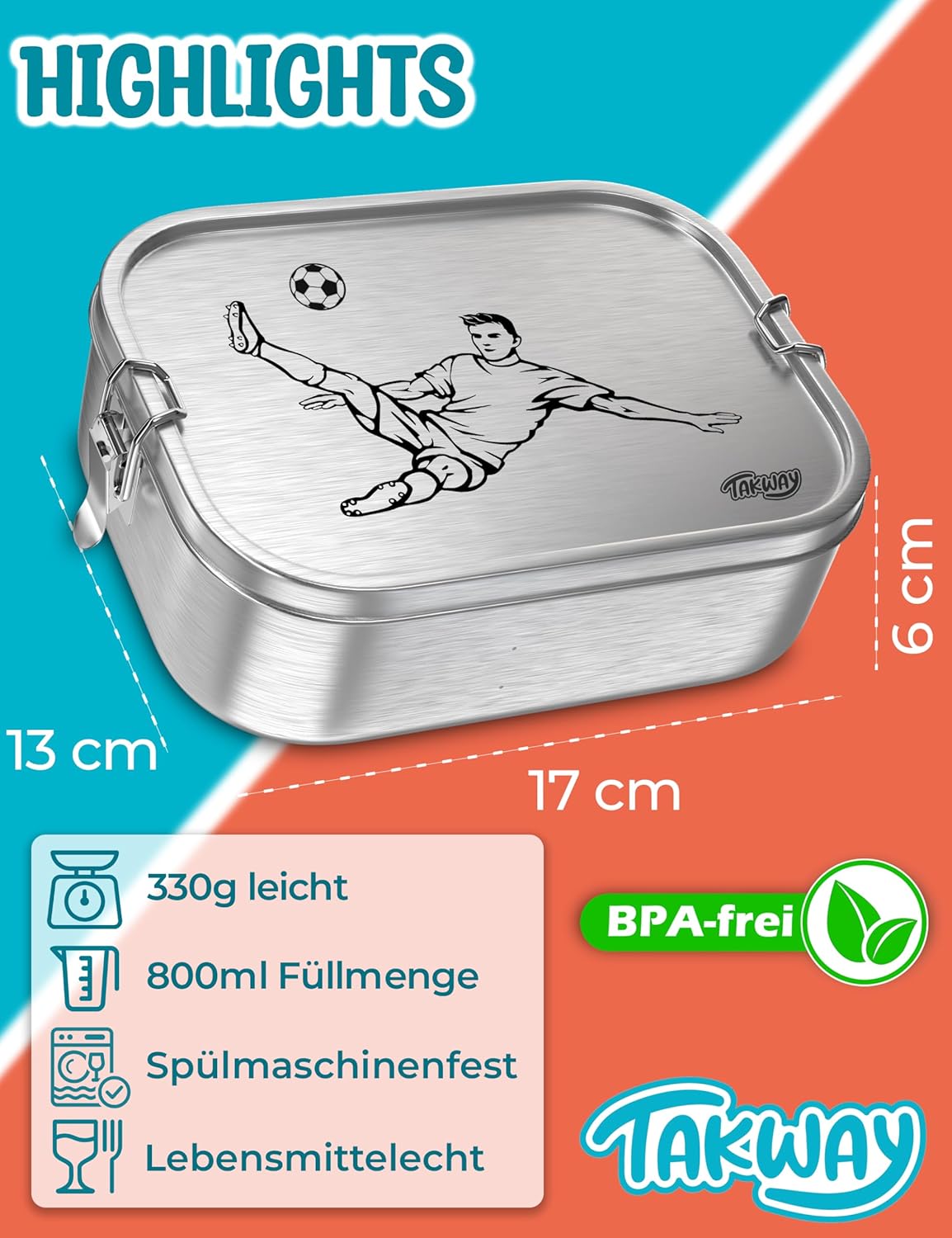 Edelstahl-Brotdose Fussball, Fussball 3-Fächer