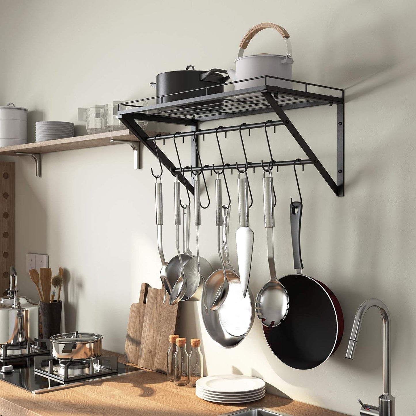 Topf-Rack Wandregal mit 12 Haken (3-Schicht), Schwarz-60cm