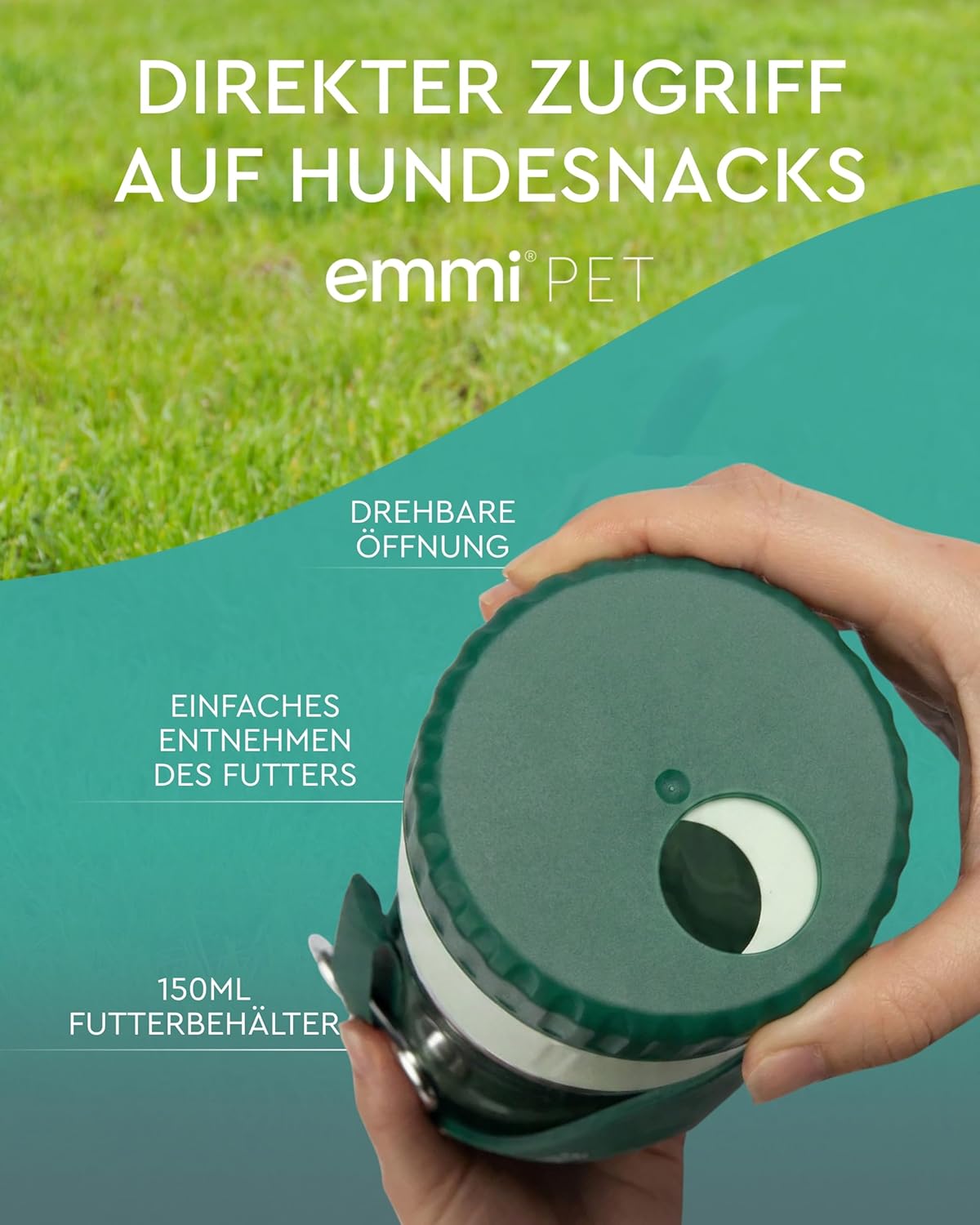 2-in-1 Hundetrinkflasche mit Futterbehälter für unterwegs, Grün 600 ml