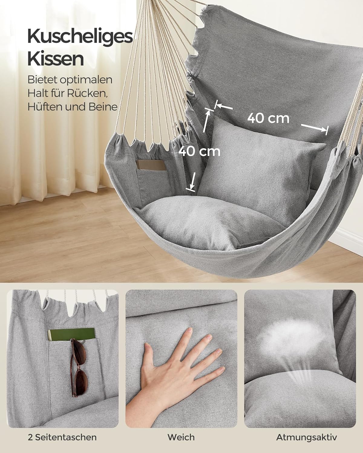 Hängesessel mit Kissen und Metallkette, Indoor/Outdoor, Taubengrau Stahlstange
