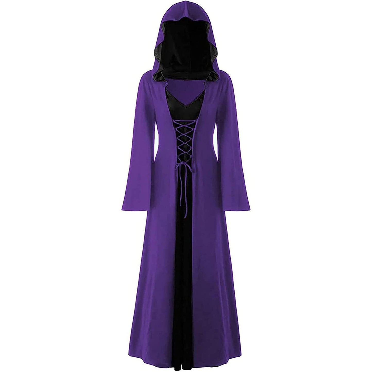 Mittelalterliches Kleid mit Kapuze, XL Lila und Schwarz