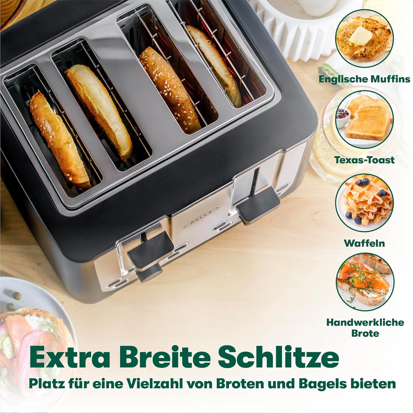 4-Scheiben Toaster mit Automatikfunktionen, Modern Edelstahl und Schwarz
