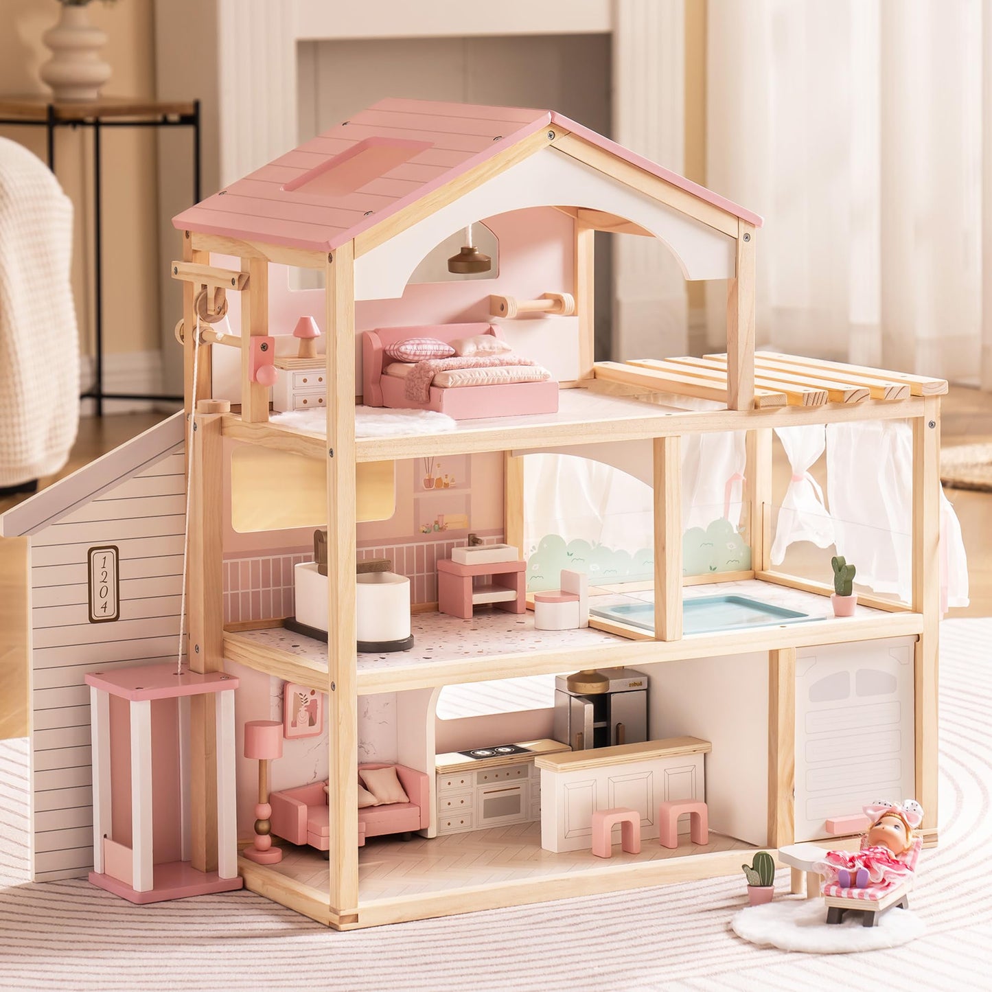 Holzpuppenhaus mit Aufzug, Garage und Schwimmbad, Rosa Villa