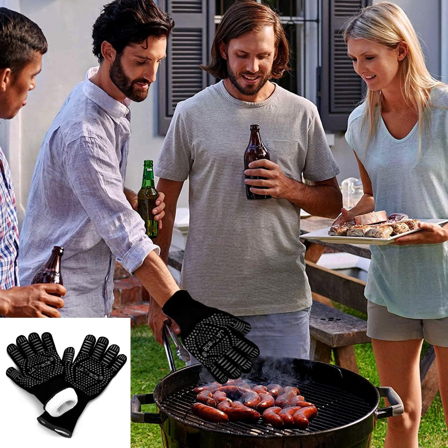 Hitzebeständige Grillhandschuhe mit Grillthermometer, Schwarz - Gr. L/Xl
