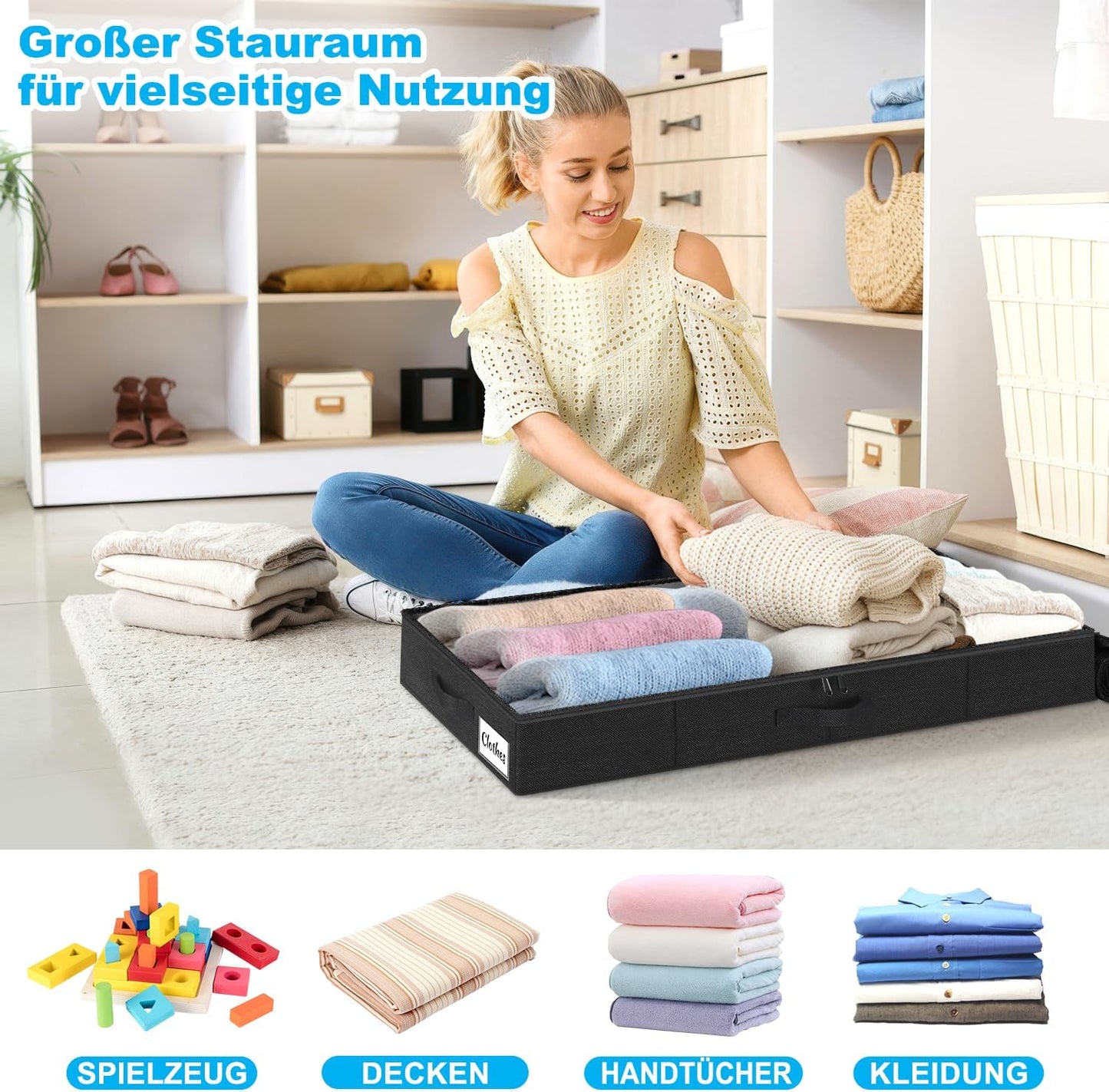4er-Set faltbare Unterbett-Aufbewahrungsboxen, Schwarz-4pcs