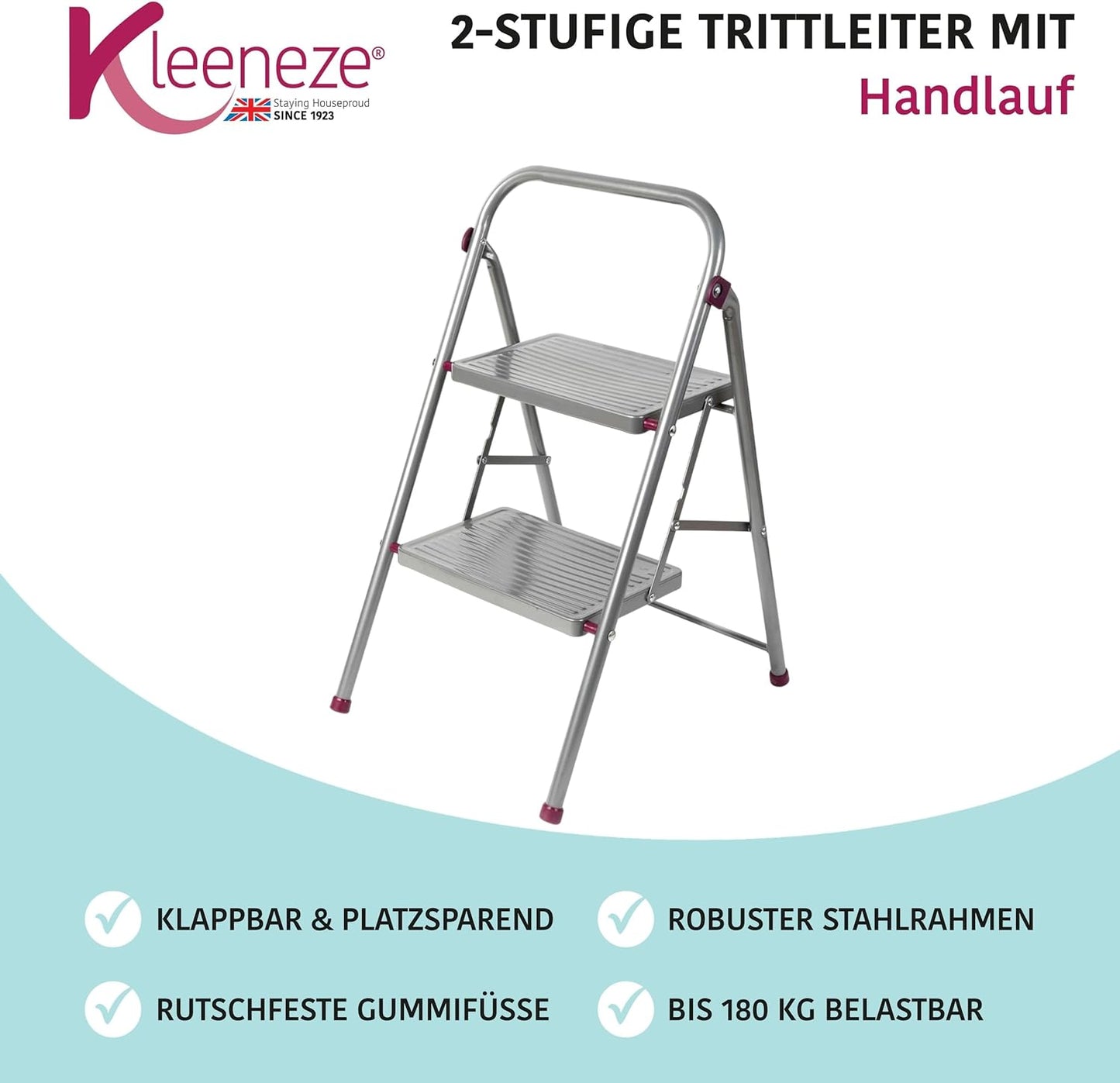 Zusammenklappbare Trittleiter, 2 Schritt Rosa/Grau