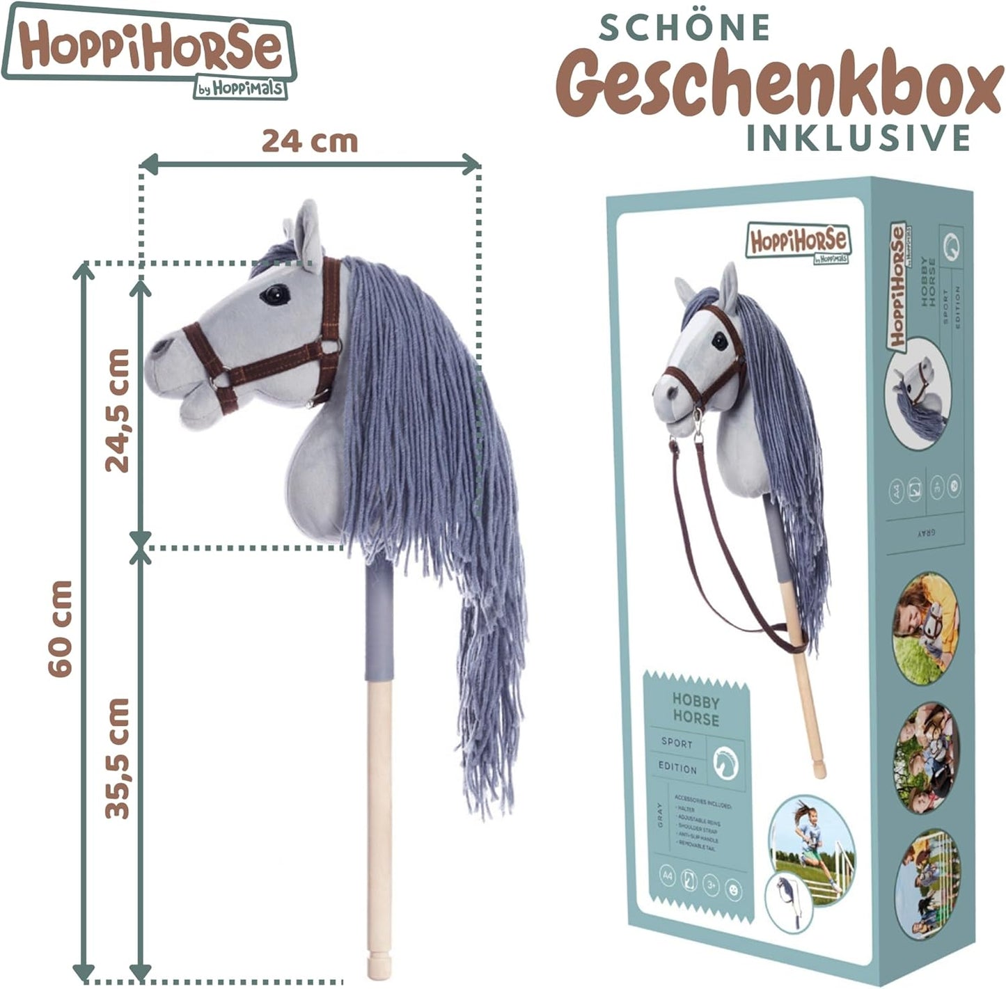 Steckenpferd mit Trense und Zügeln, A4 - MEDIUM Grau