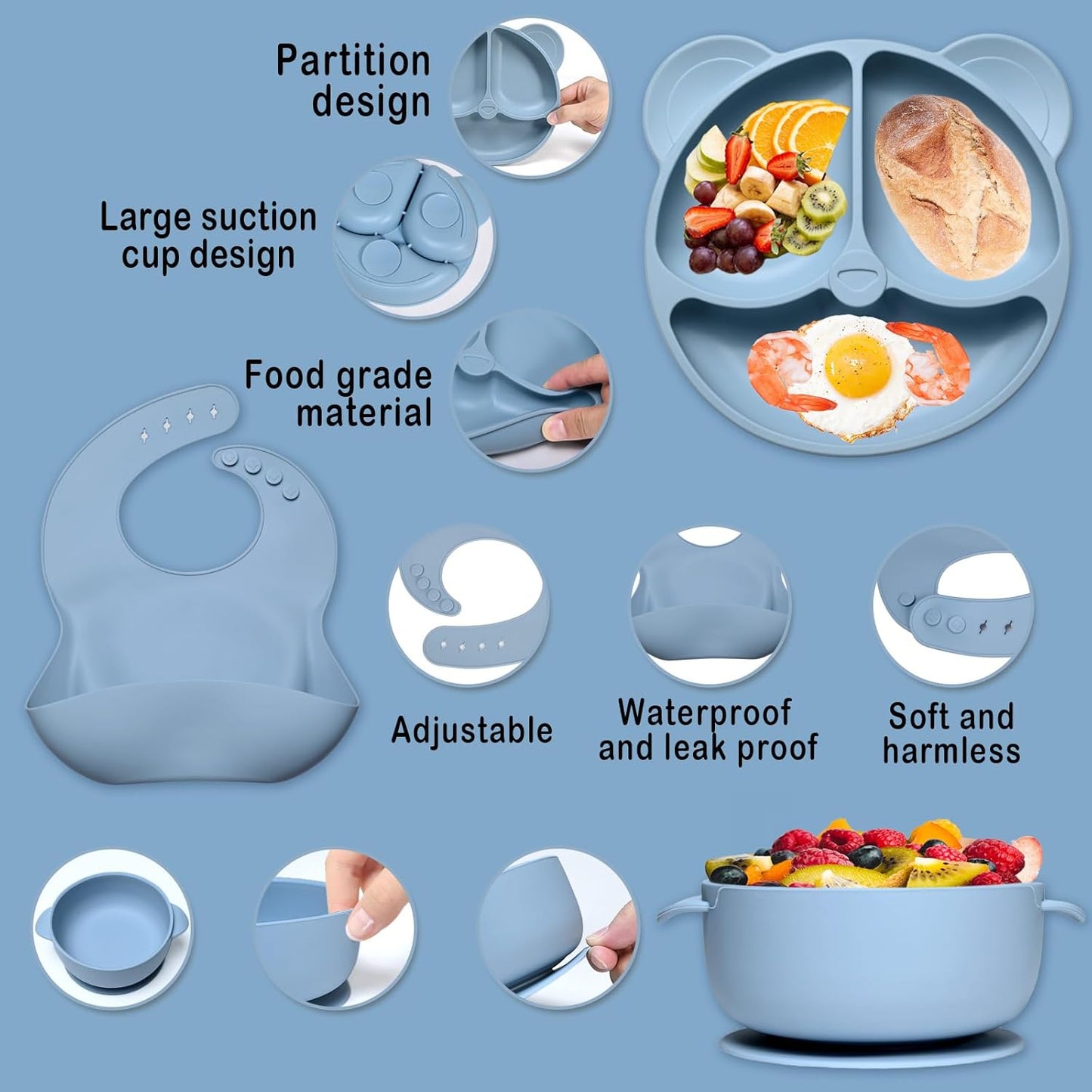 Silikon Baby Geschirrset mit Saugnapf (10-teilig), Blau