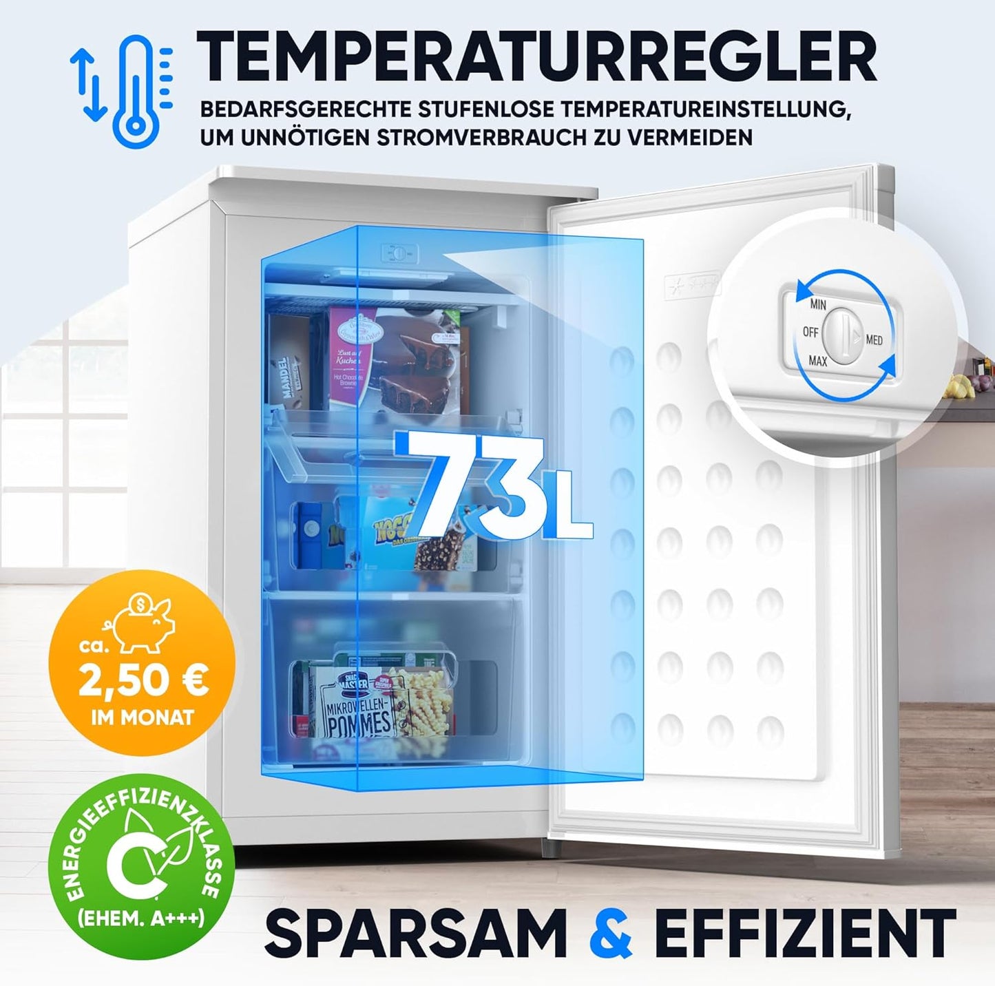Kompakter Gefrierschrank 73L mit 3 Fächern, Weiss