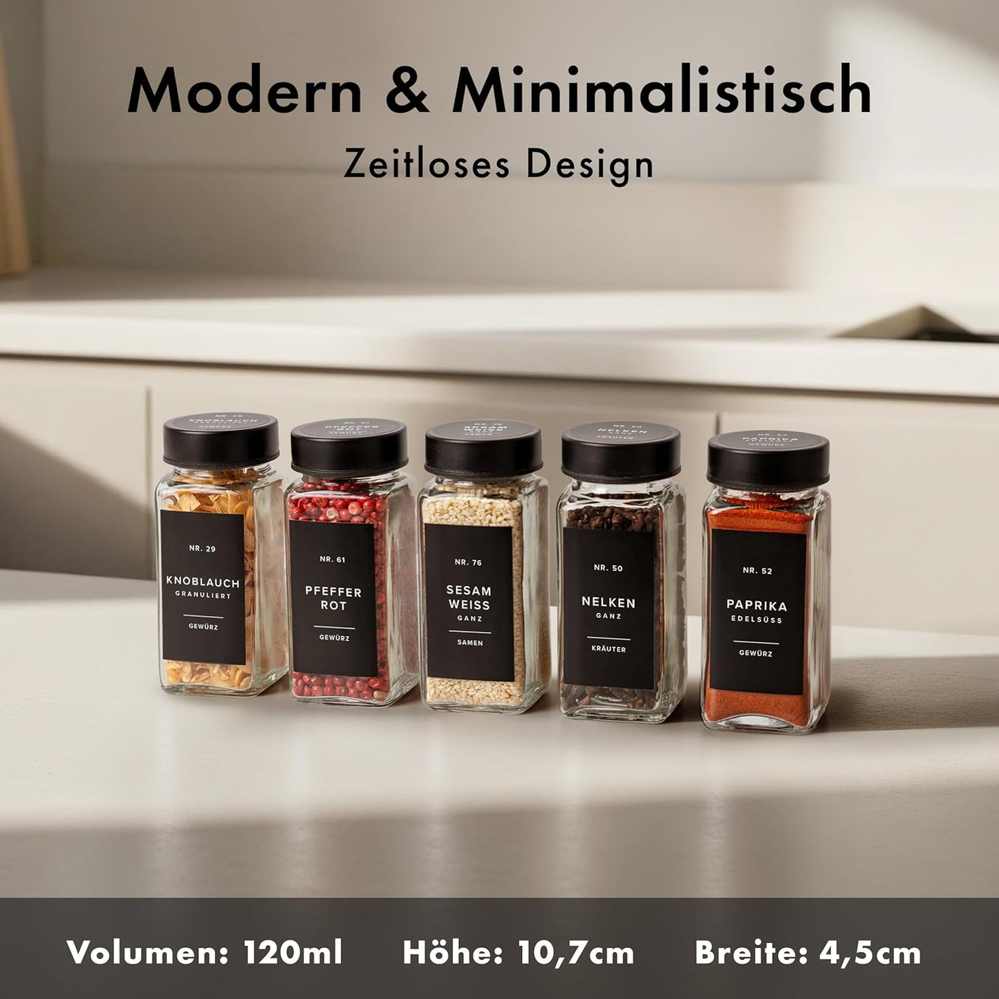 24-teiliges Gewürzgläser-Set mit Streueinsatz, Schwarzer Edelstahl Deckel