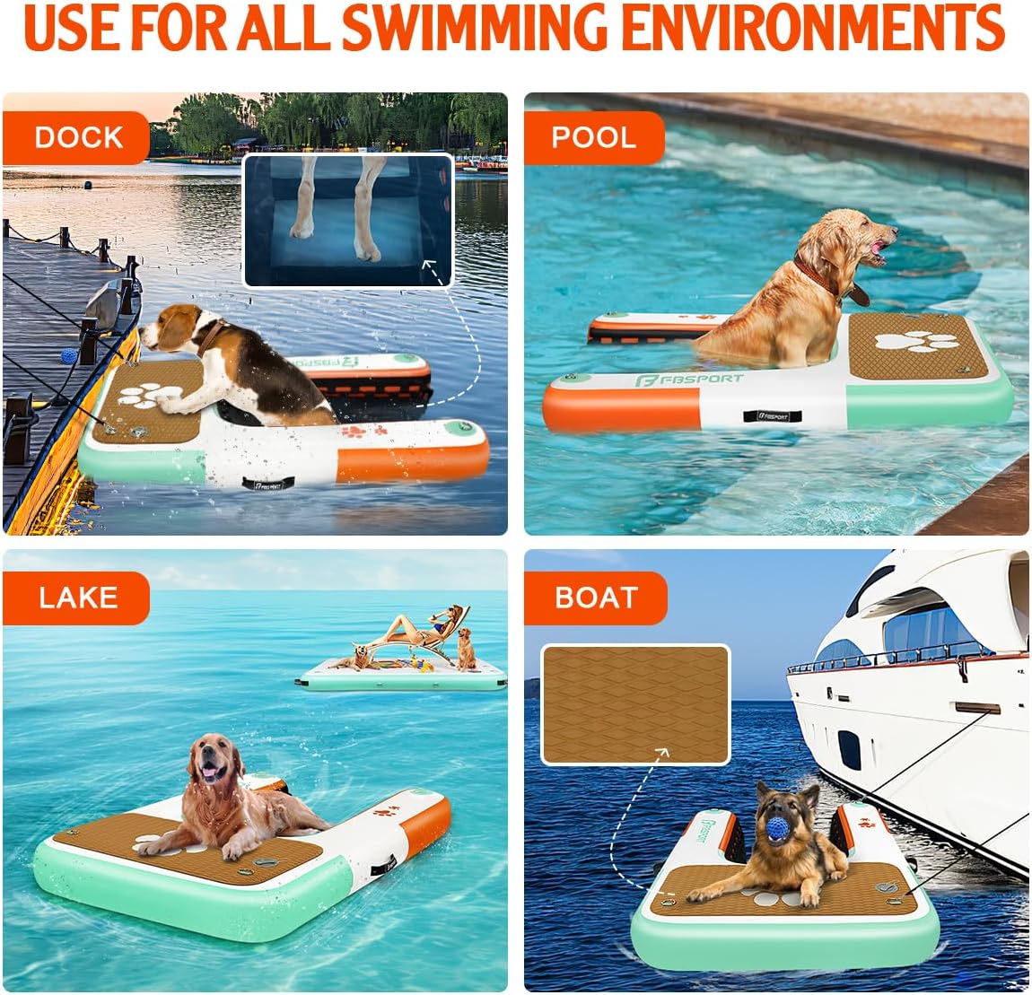 Aufblasbare Hunderampe für Boote und Pool (bis 100 kg), 120x100x15cm Orange