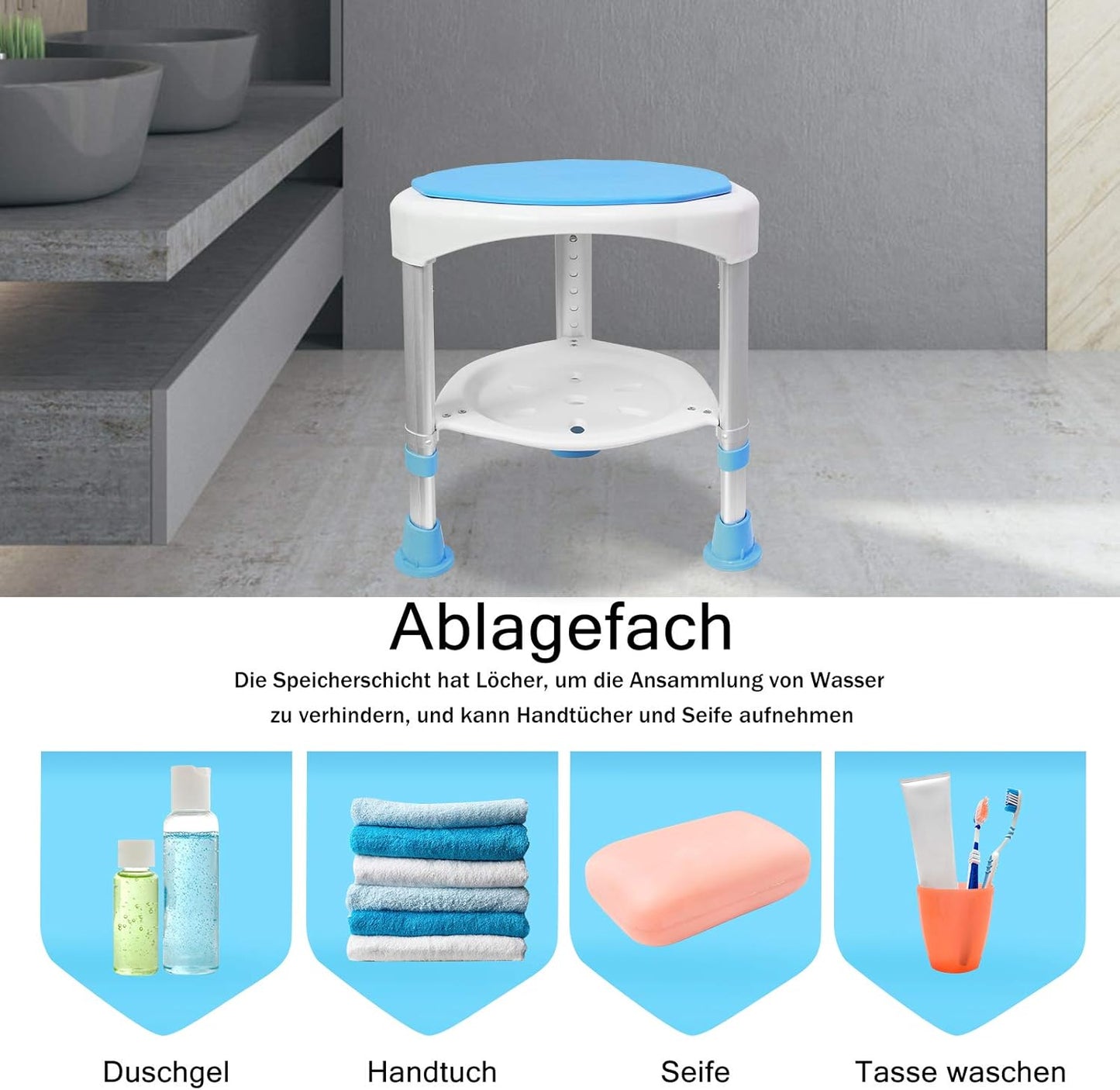 Höhenverstellbarer & drehbarer Duschhocker (200kg Belastung), Duschhocker Höhenverstellbar 360°drehbarer - 1