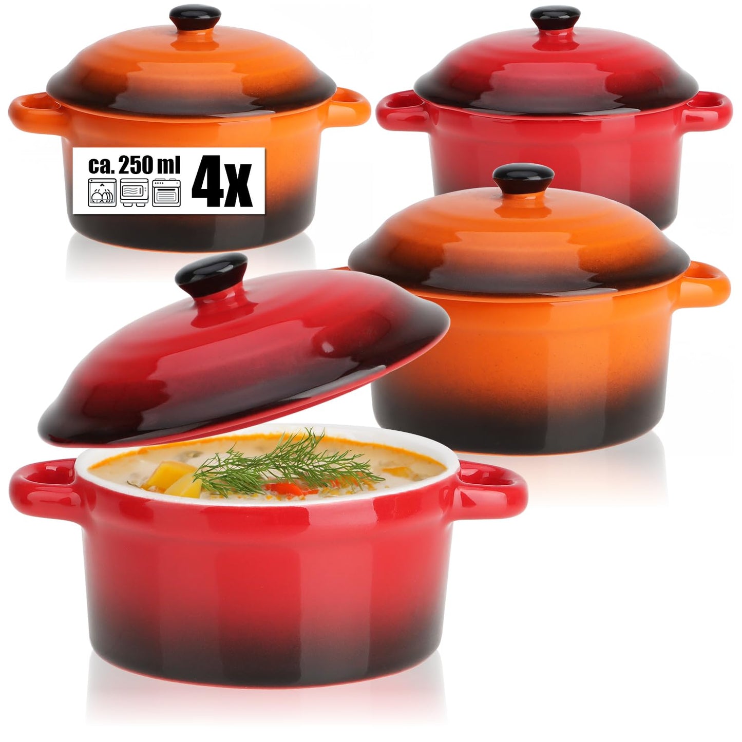 4-teiliges Auflaufform-Set mit Deckel, 4 Stück - Orange. Rot