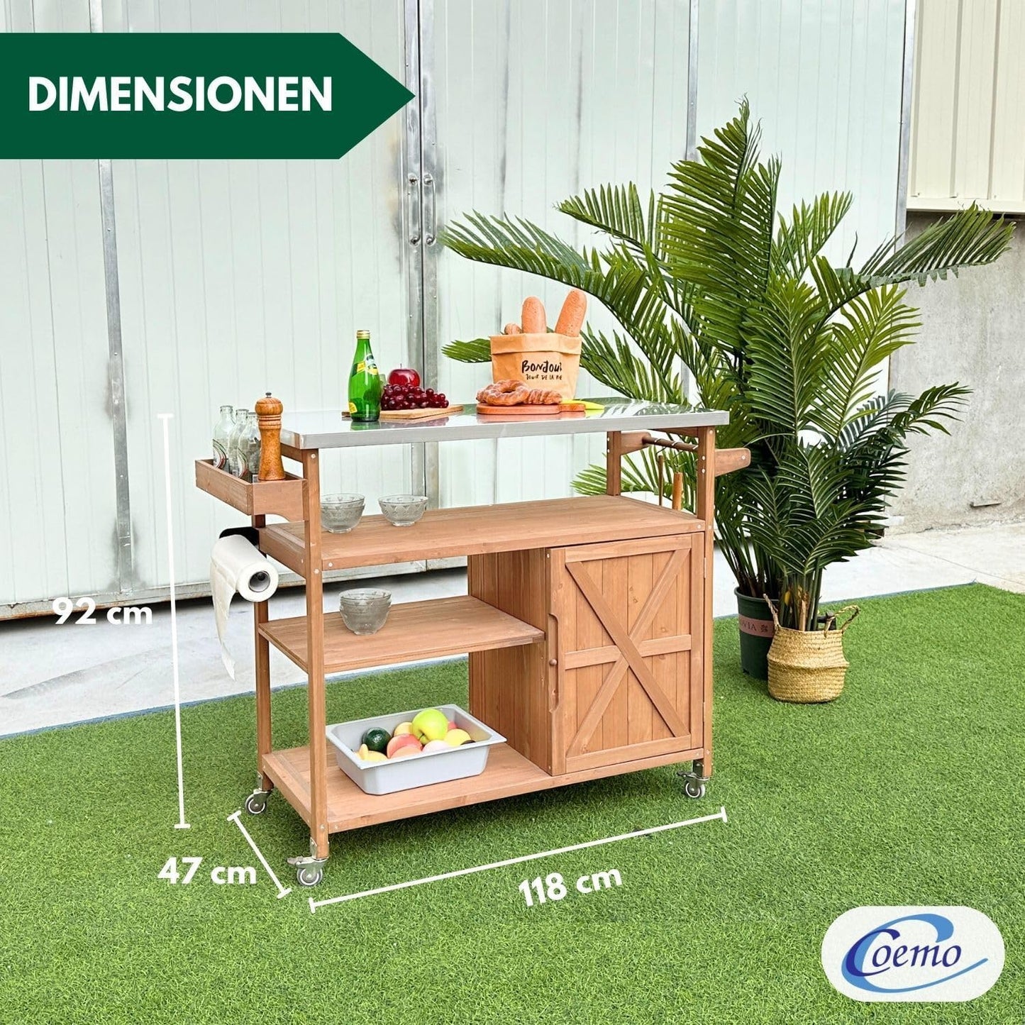 Servierwagen mit Edelstahltop, 118 x 47 x 92 cm Braun