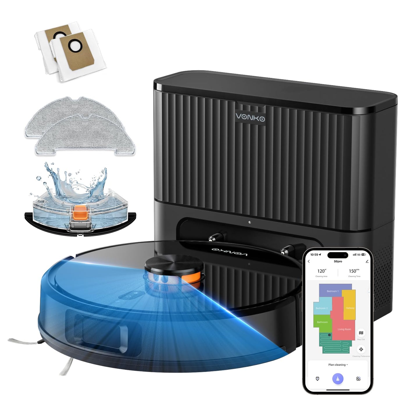 S6 Pro Saugroboter mit Wischfunktion und Absaugstation, Schwarz