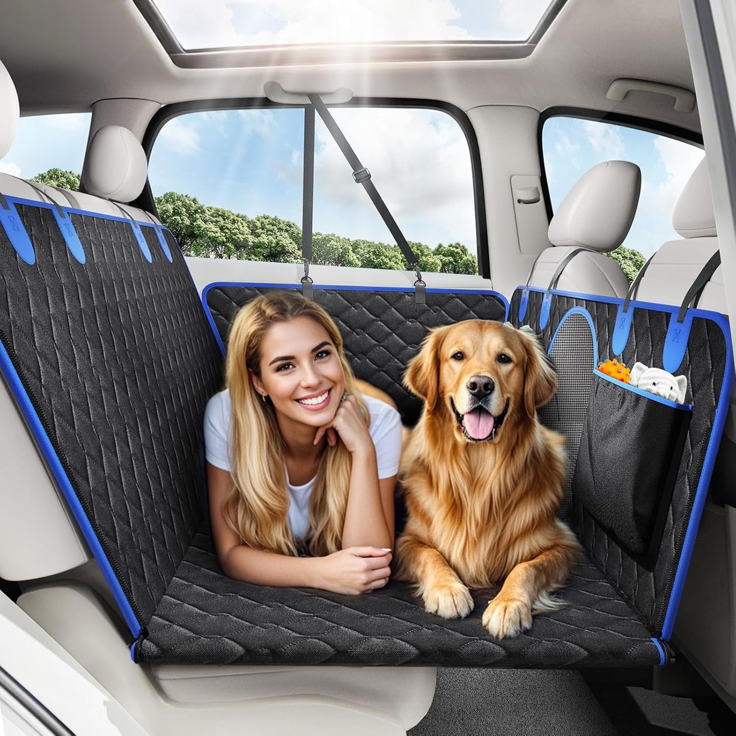 Autoschondecke mit Hundegurt, Schwarz + Blau