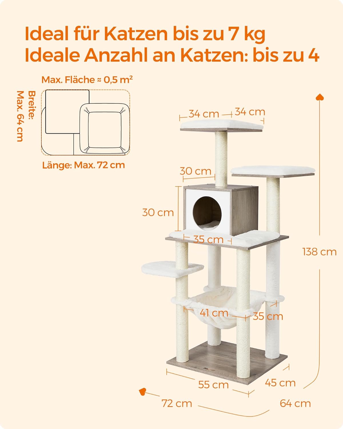 Mehrstöckiger Katzenkratzbaum mit Kuschelhöhle, Greige 55 cm Länge, 45 cm Breite, 138 cm Höhe