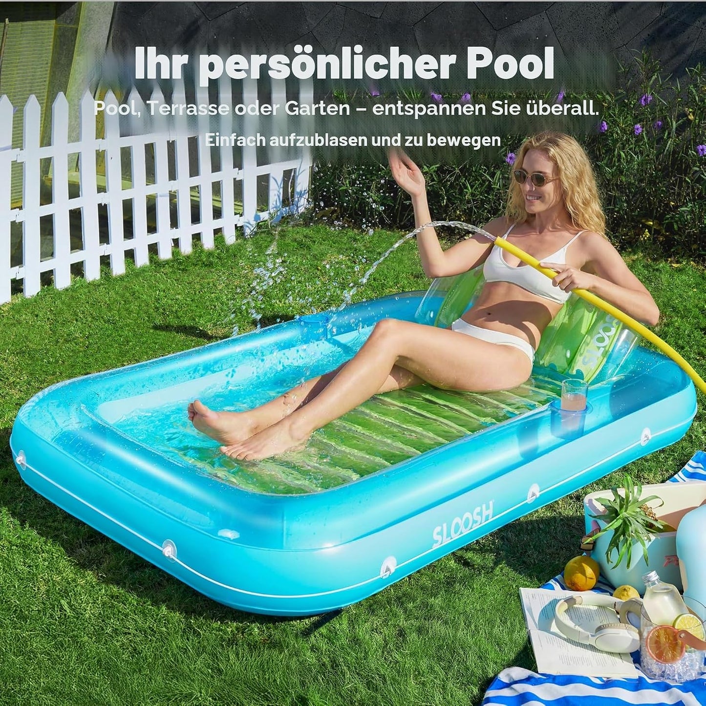 Aufblasbarer Sonnenpool mit abnehmbarem Kissen und Getränkehalter, Blau-Grün L