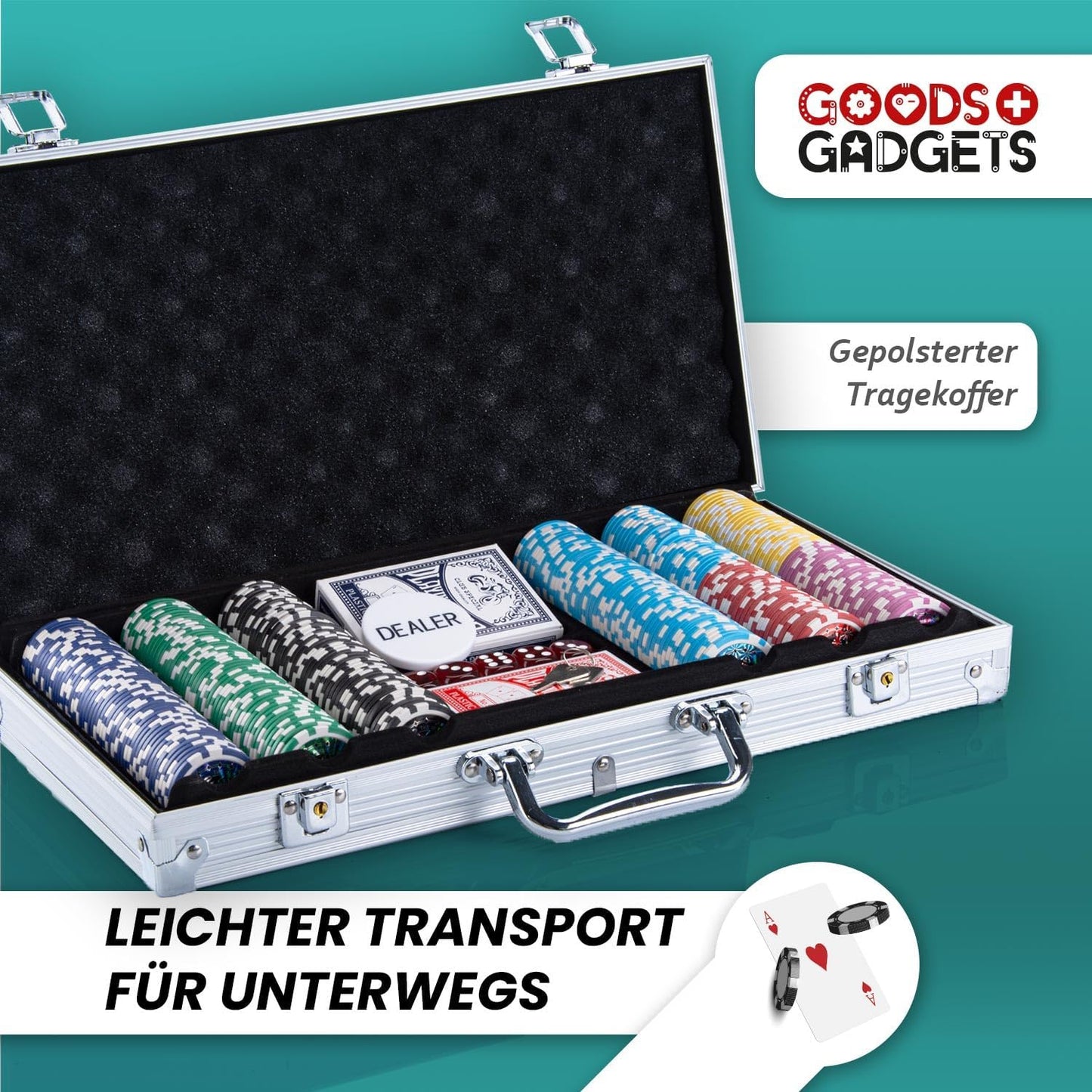 Pokerkoffer-Set mit 300 Chips, Silber 300 Chips