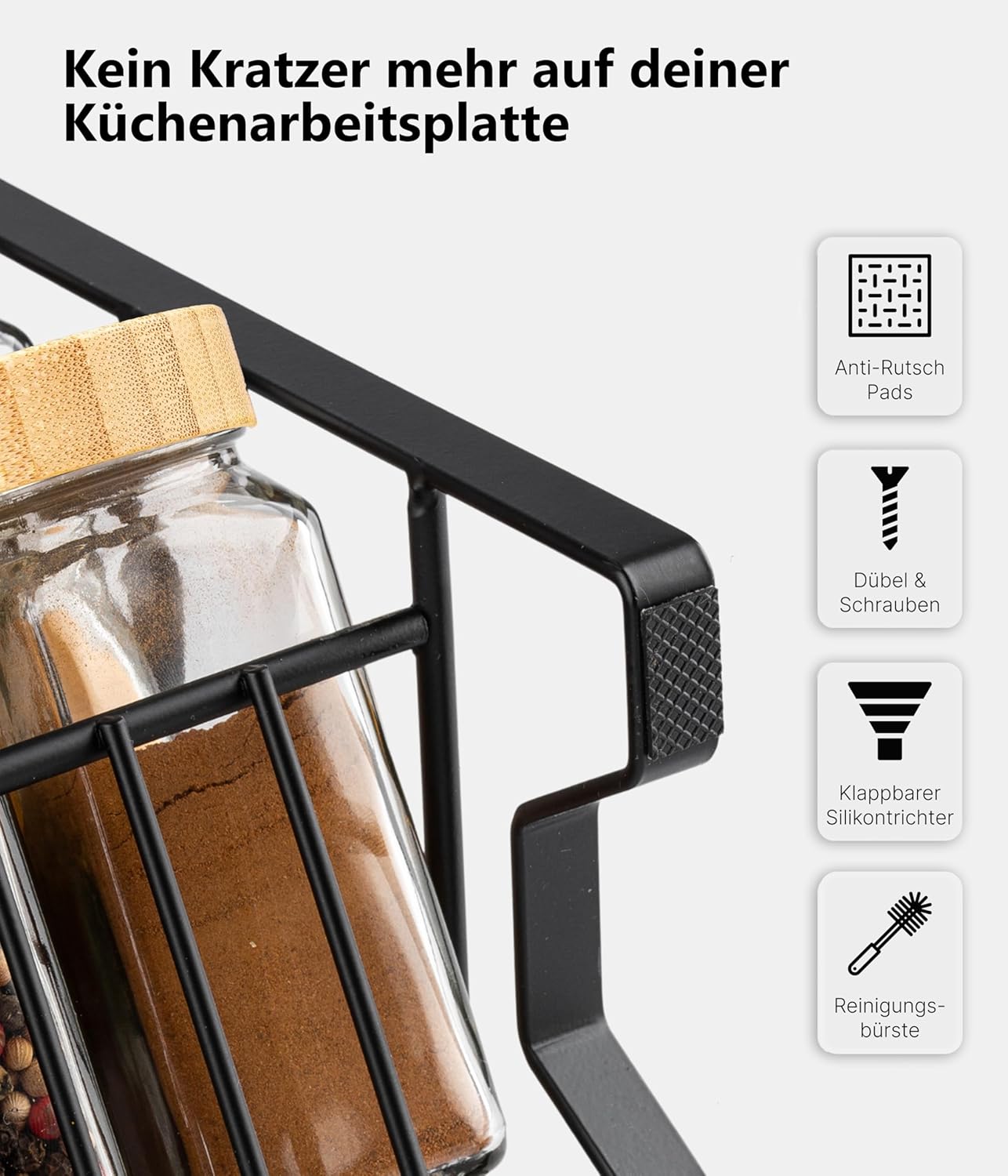 Gewürzregal mit Gewürzgläsern, Schwarz, Deckel Bambus