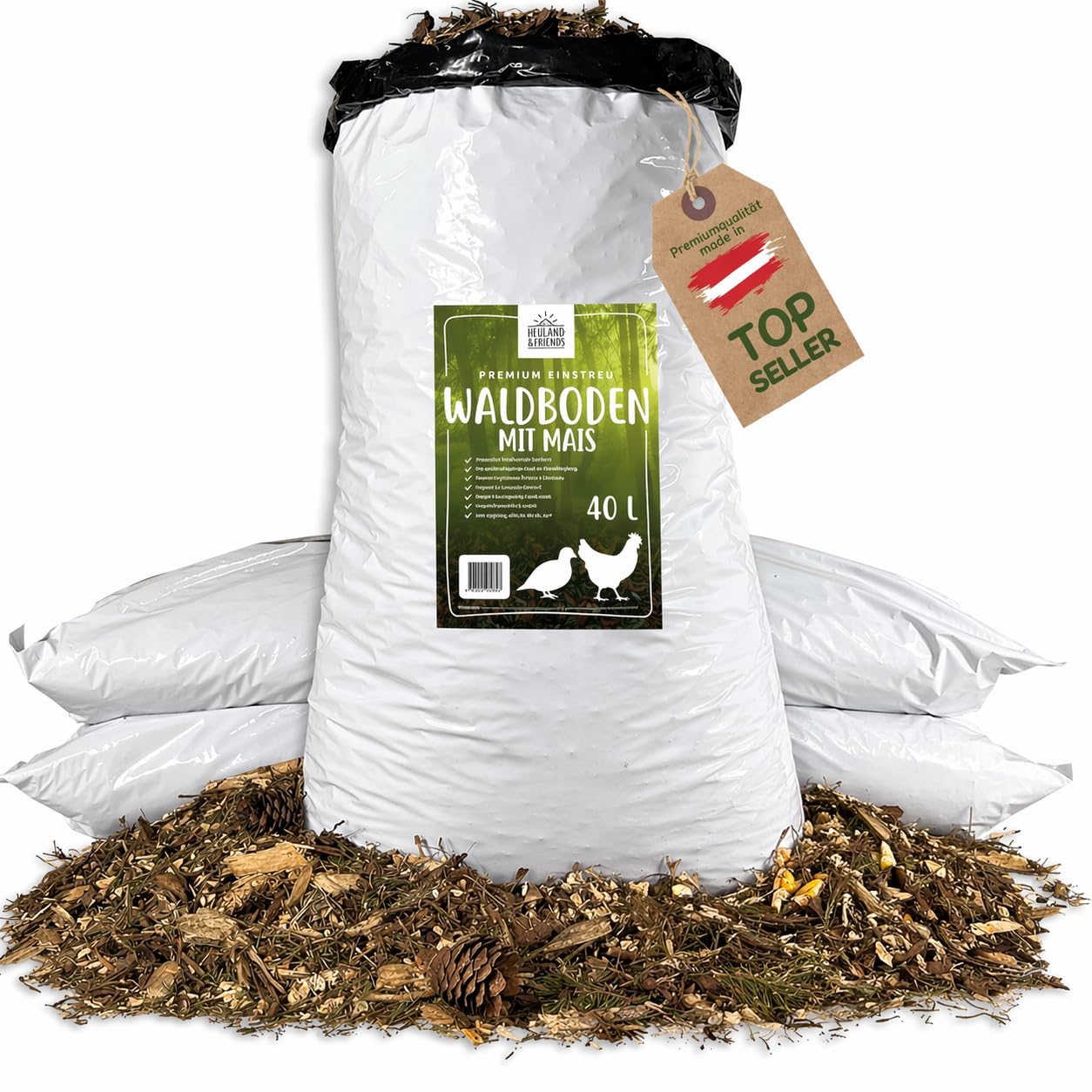 3er-Set Waldboden Einstreu für Hühner & Wachteln, mit Mais 40 Liter (3er Pack)