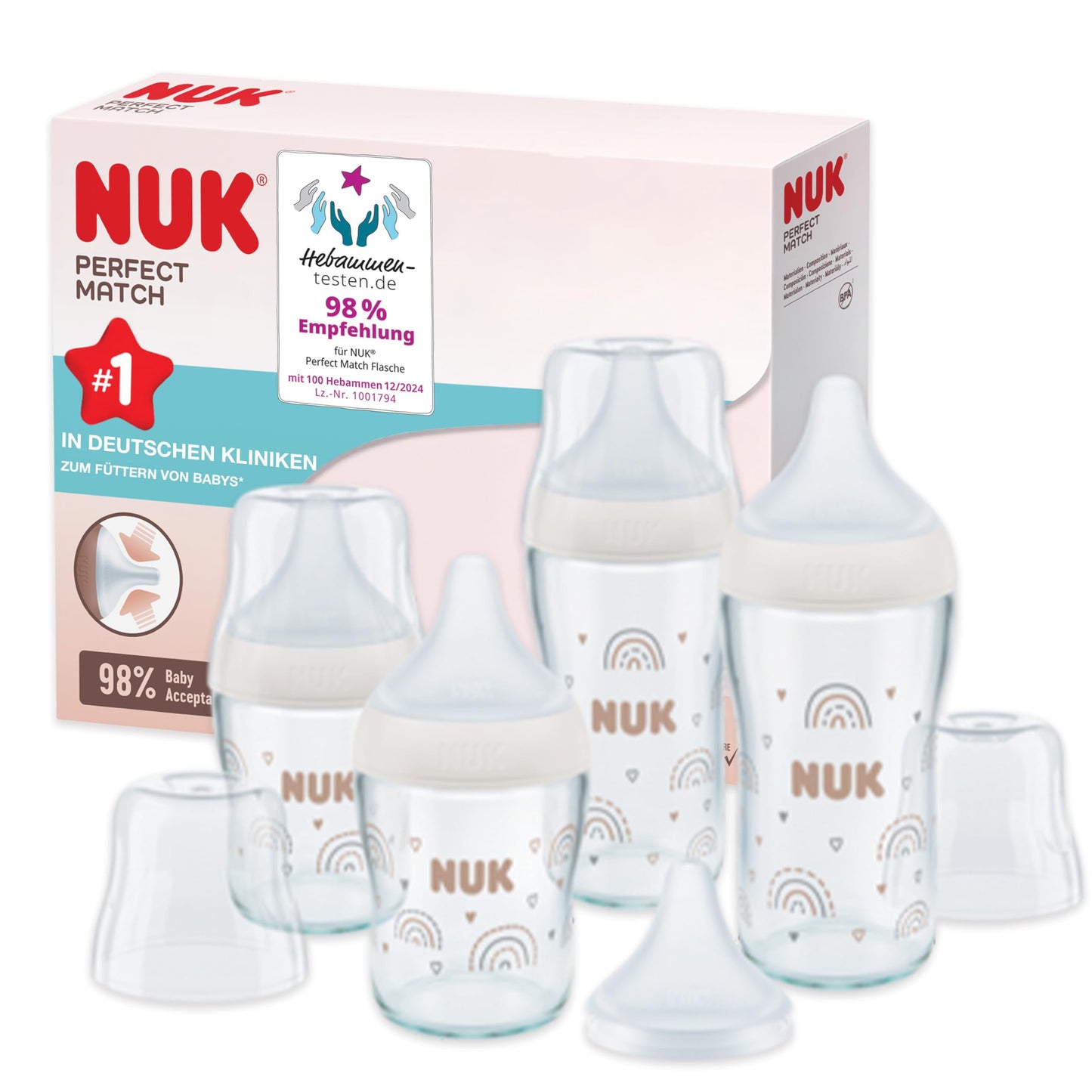 Perfect Match Glas-Babyflaschenset, 2 x 230 ml + 2 x 120 ml Babyflaschen Regenbogen