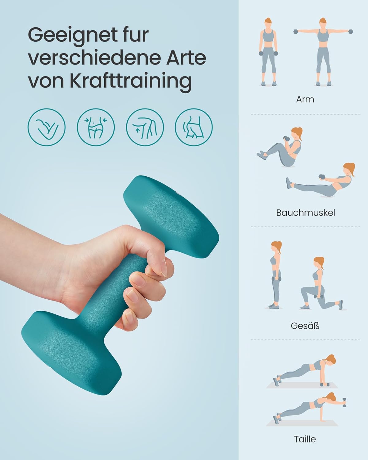Hantel-Set mit Neopren-Beschichtung, 12kg,limettengrün + aquamarin + hellgrau