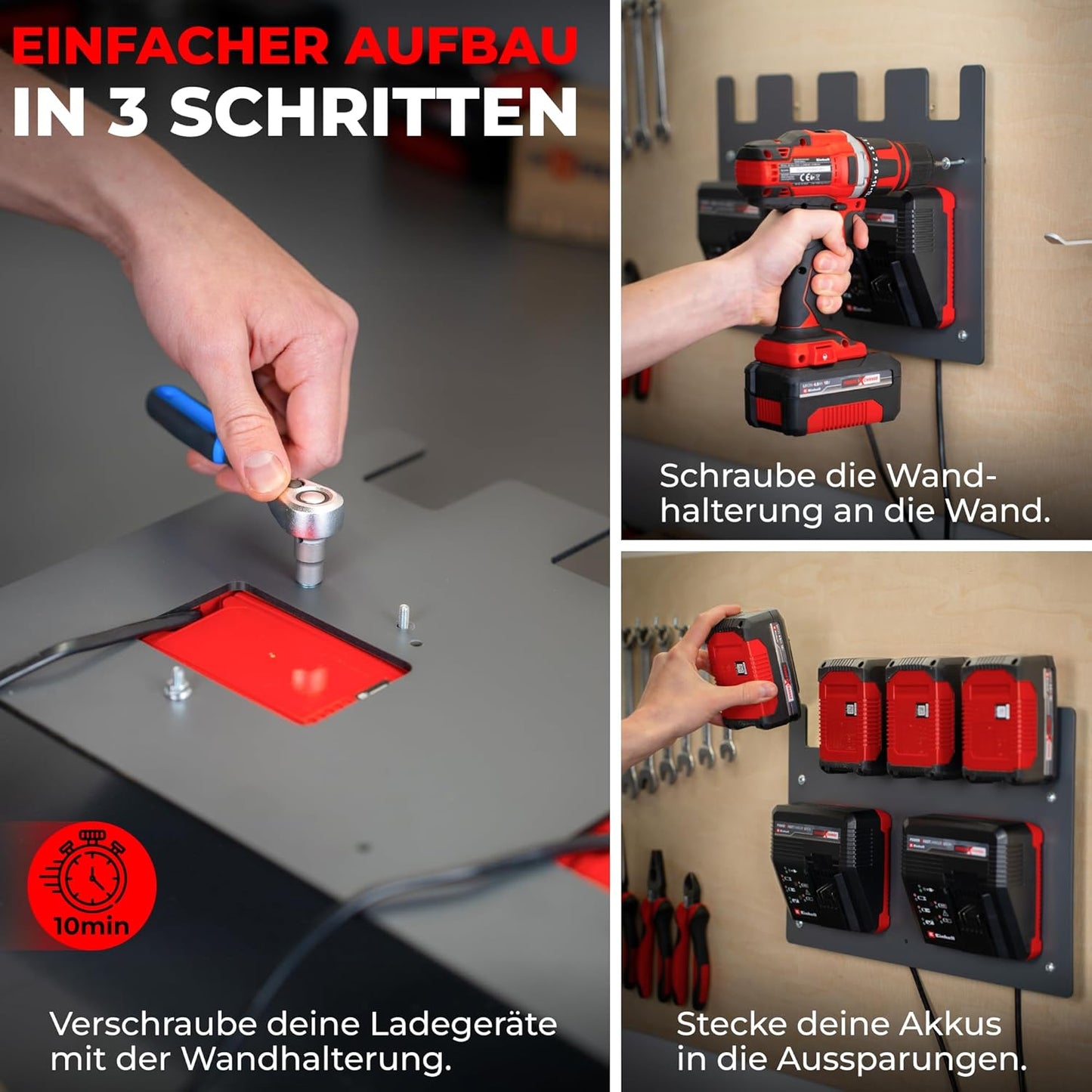 Wandhalterung für Akkus & Ladegeräte, 4 Akkus + 2 Ladegeräte