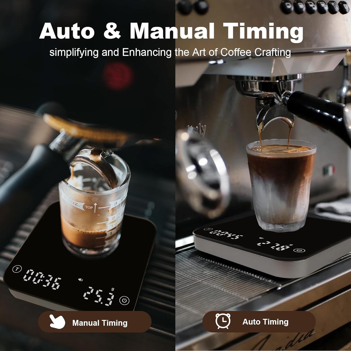 Barista-Waage mit Timer, Schwarz und Silber