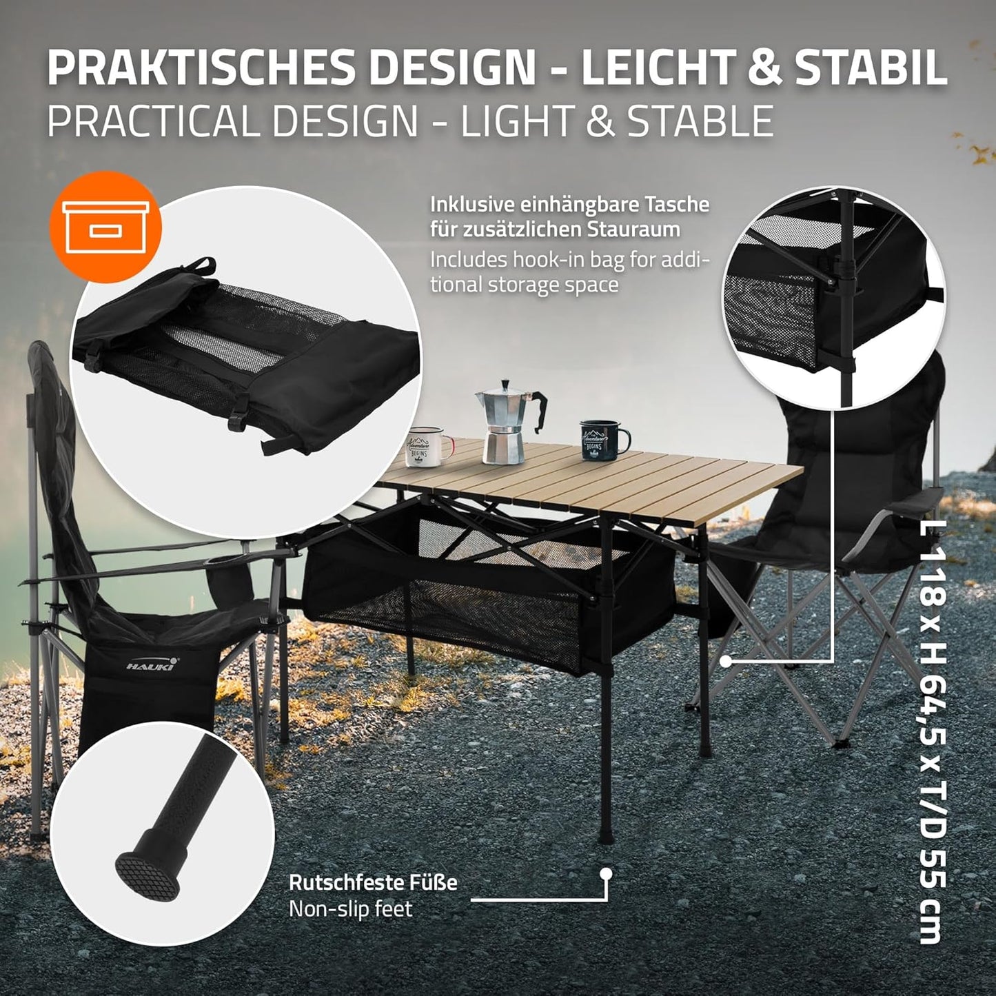 3-teiliges Campingmöbel-Set faltbar, mit Tragetasche, Campingtisch Beige 2x Campingstuhl Blau