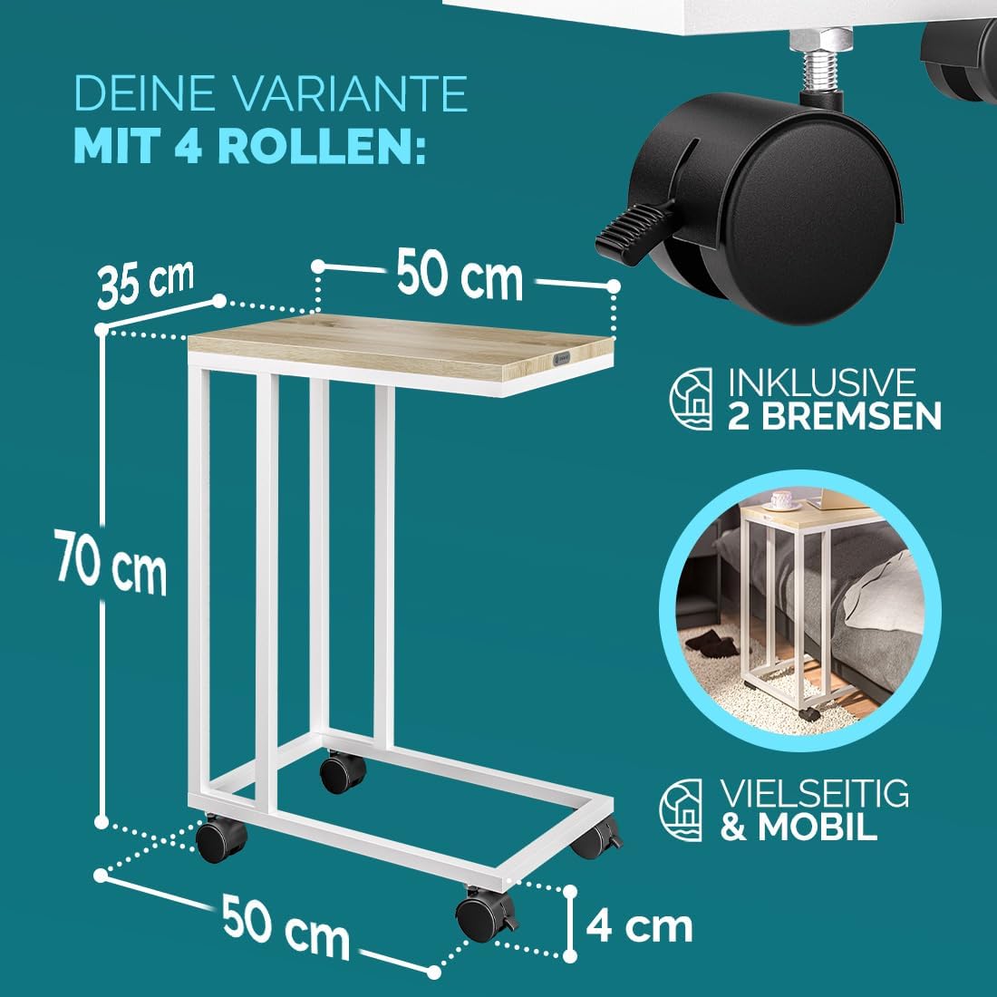 2er-Set Beistelltisch mit Rollen, 2x Weiß/Eiche