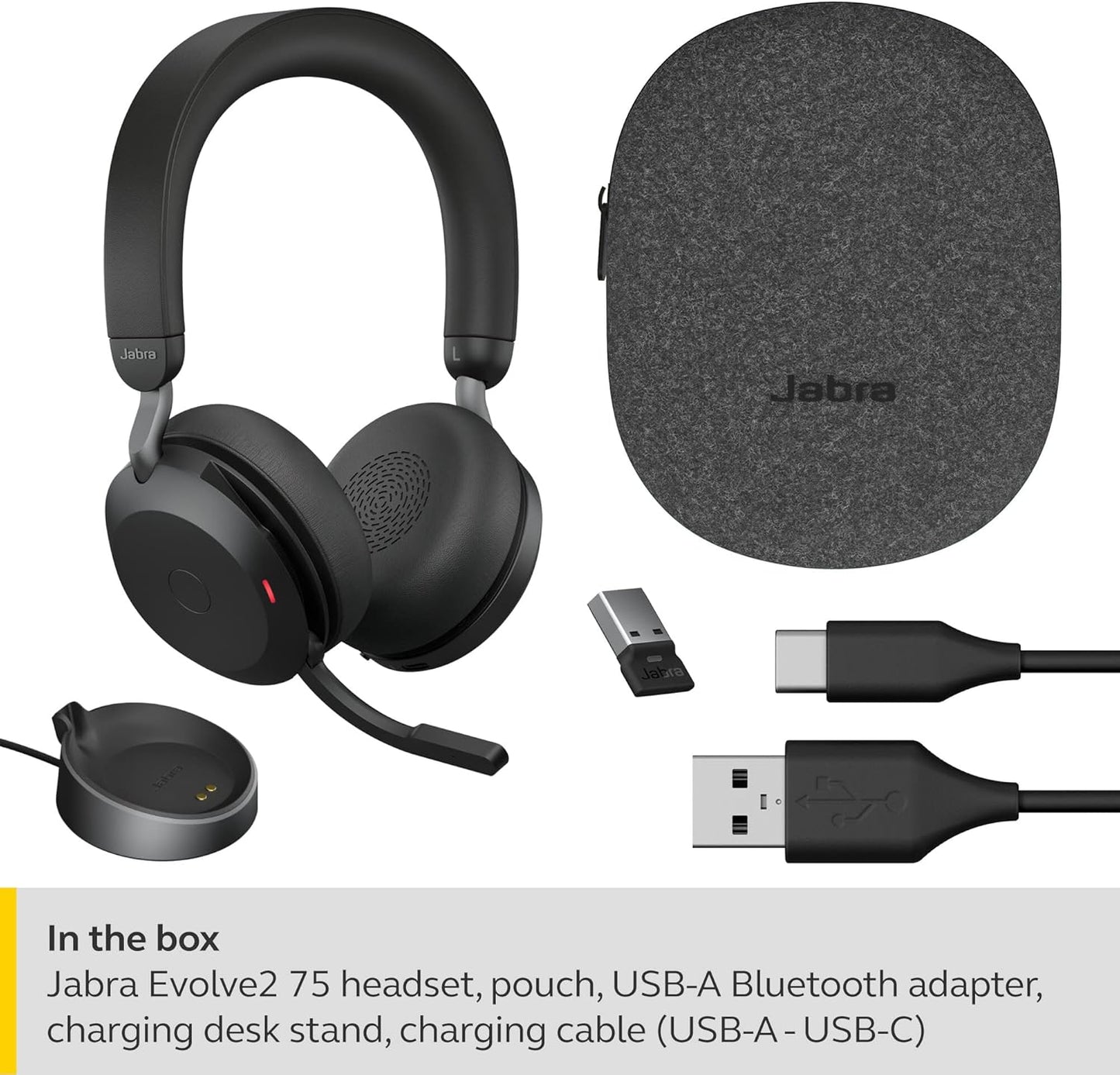 Evolve2 75 MS Stereo + Ladestation, USB-A dongle USB-A Adapter & Inklusive Halterung Teams