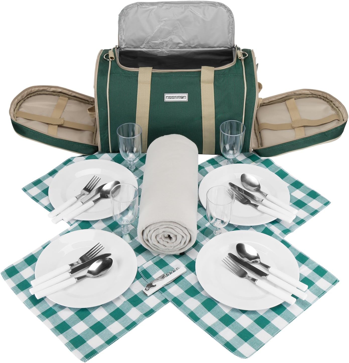 Picknick-Set mit Kühltasche und Decke für 4 Personen, 3337: Dunkelgrün Beige