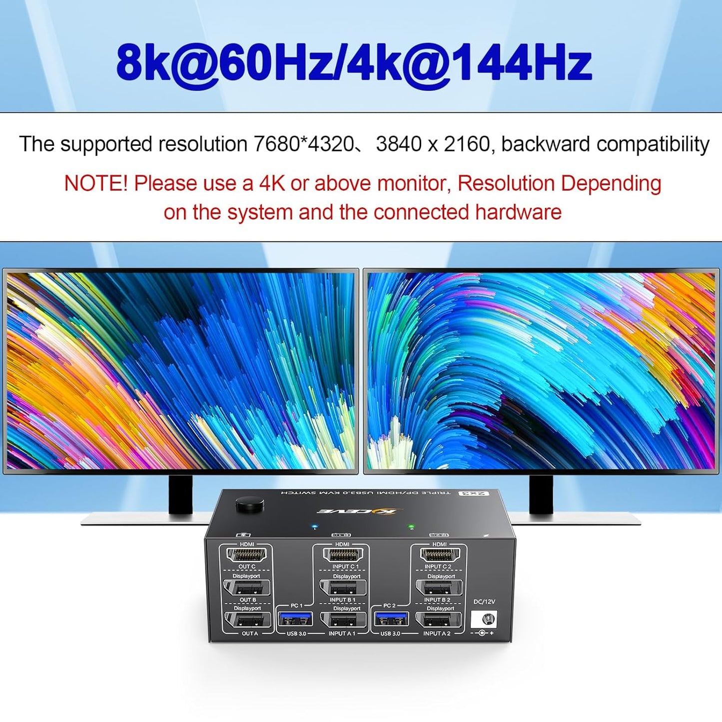KVM Switch für 2 PCs und 3 Monitore 4K/8K, HDMI+2 Displayport KVM Switch 2 PC 3 Monitor